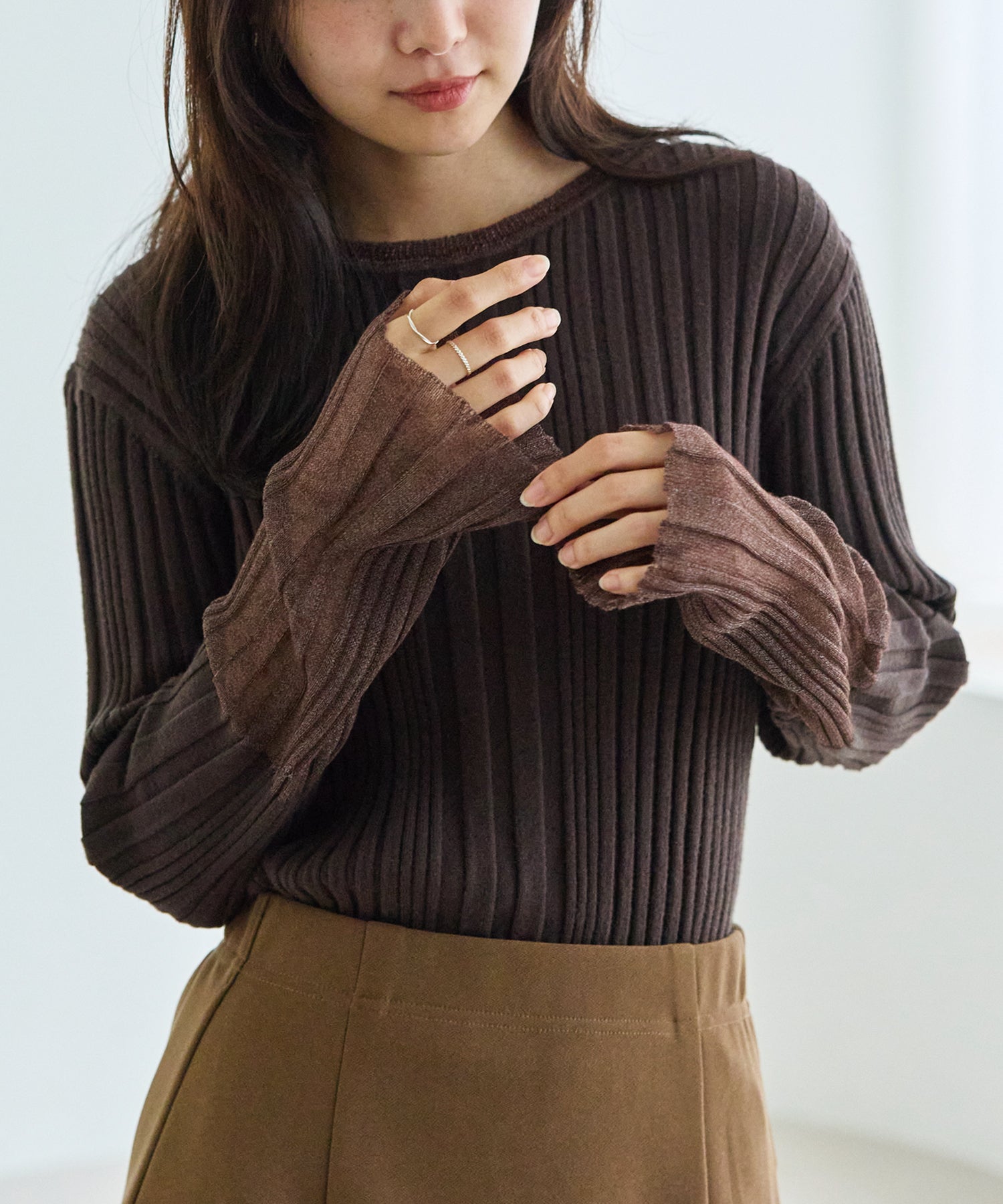 【洗える】シアースリーブリブニット