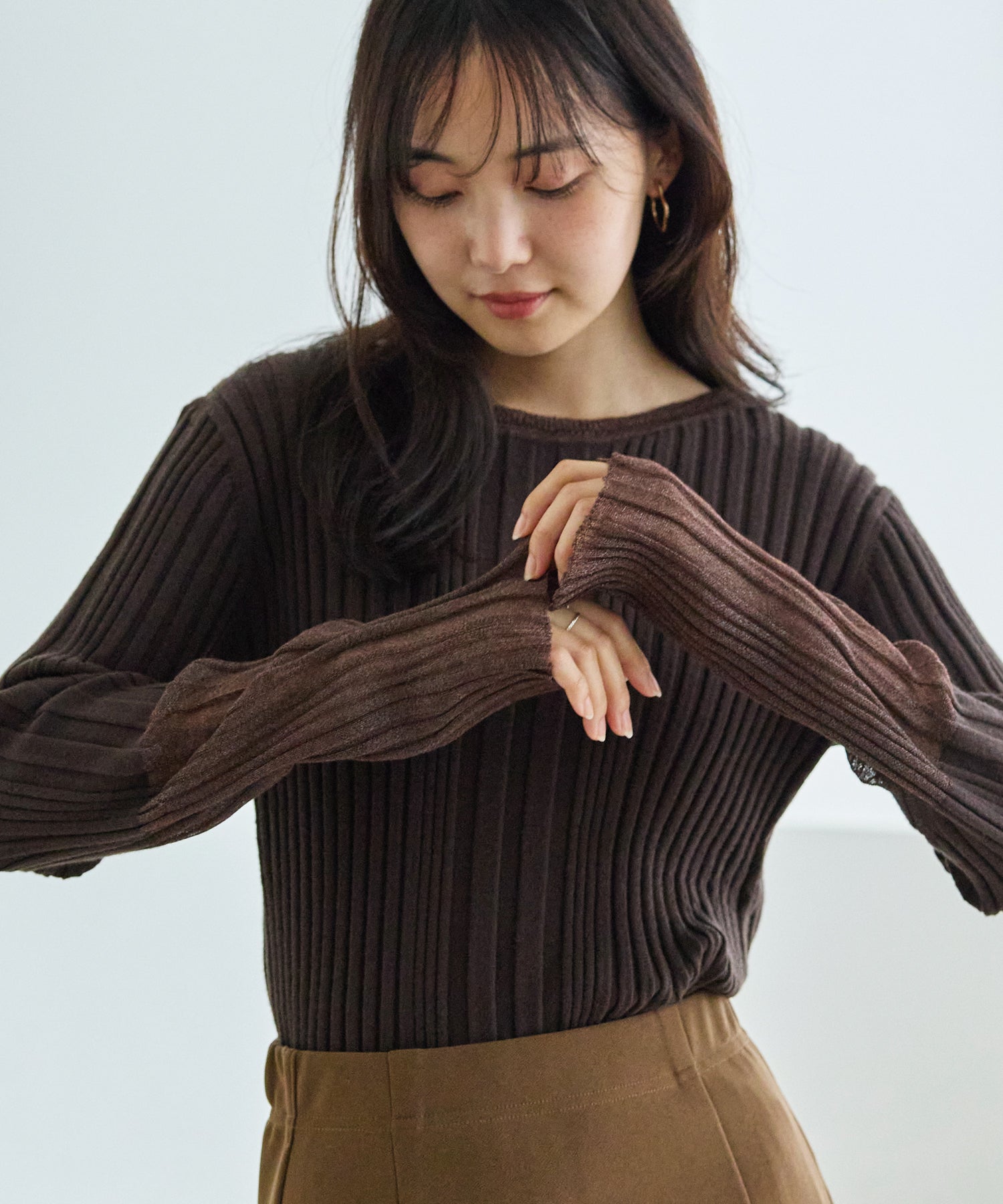 【洗える】シアースリーブリブニット