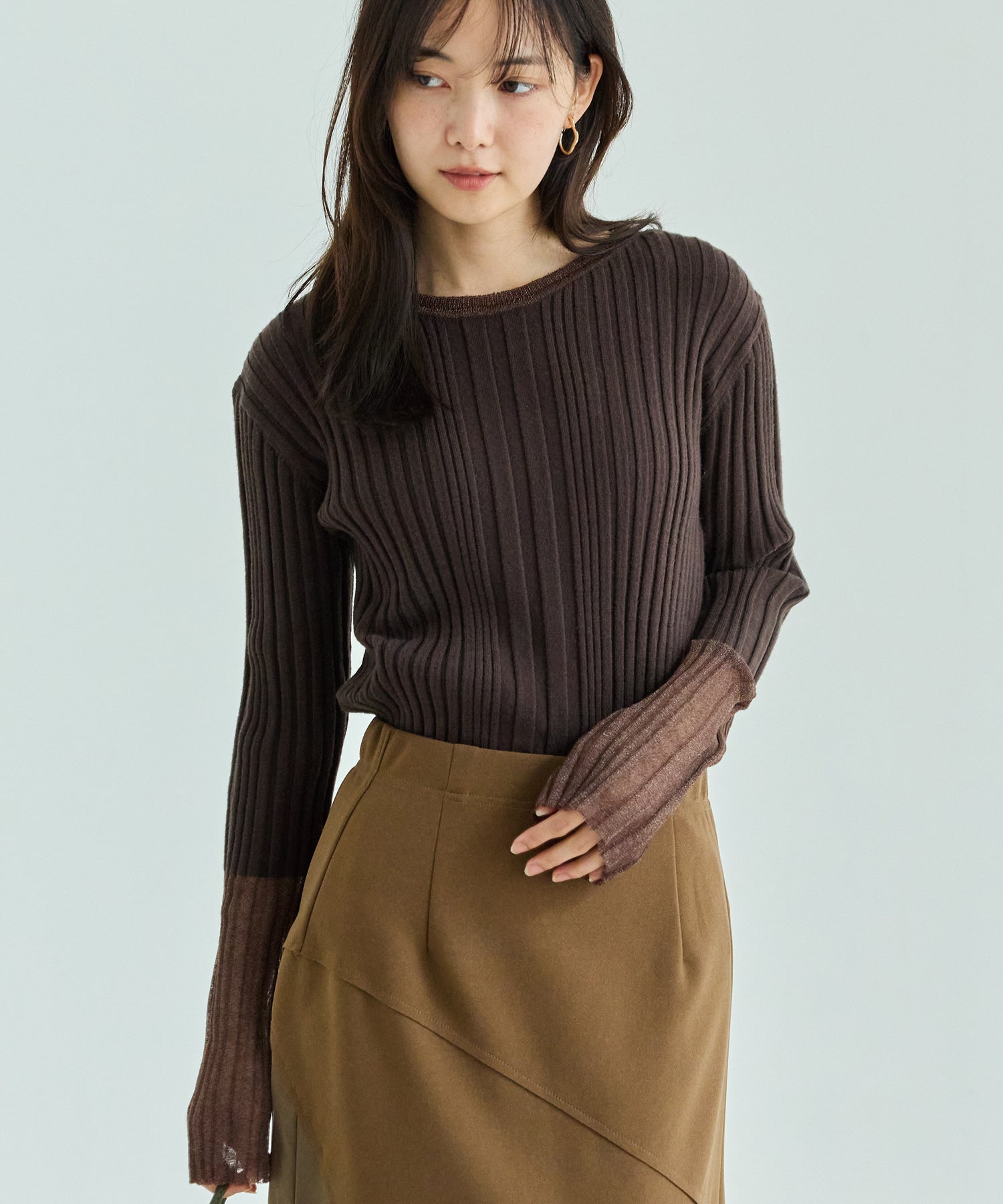 【洗える】シアースリーブリブニット