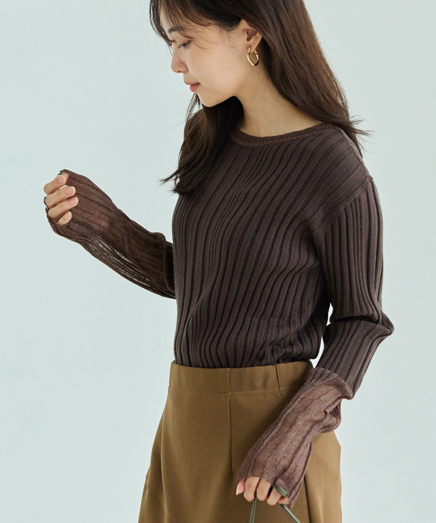 【洗える】シアースリーブリブニット