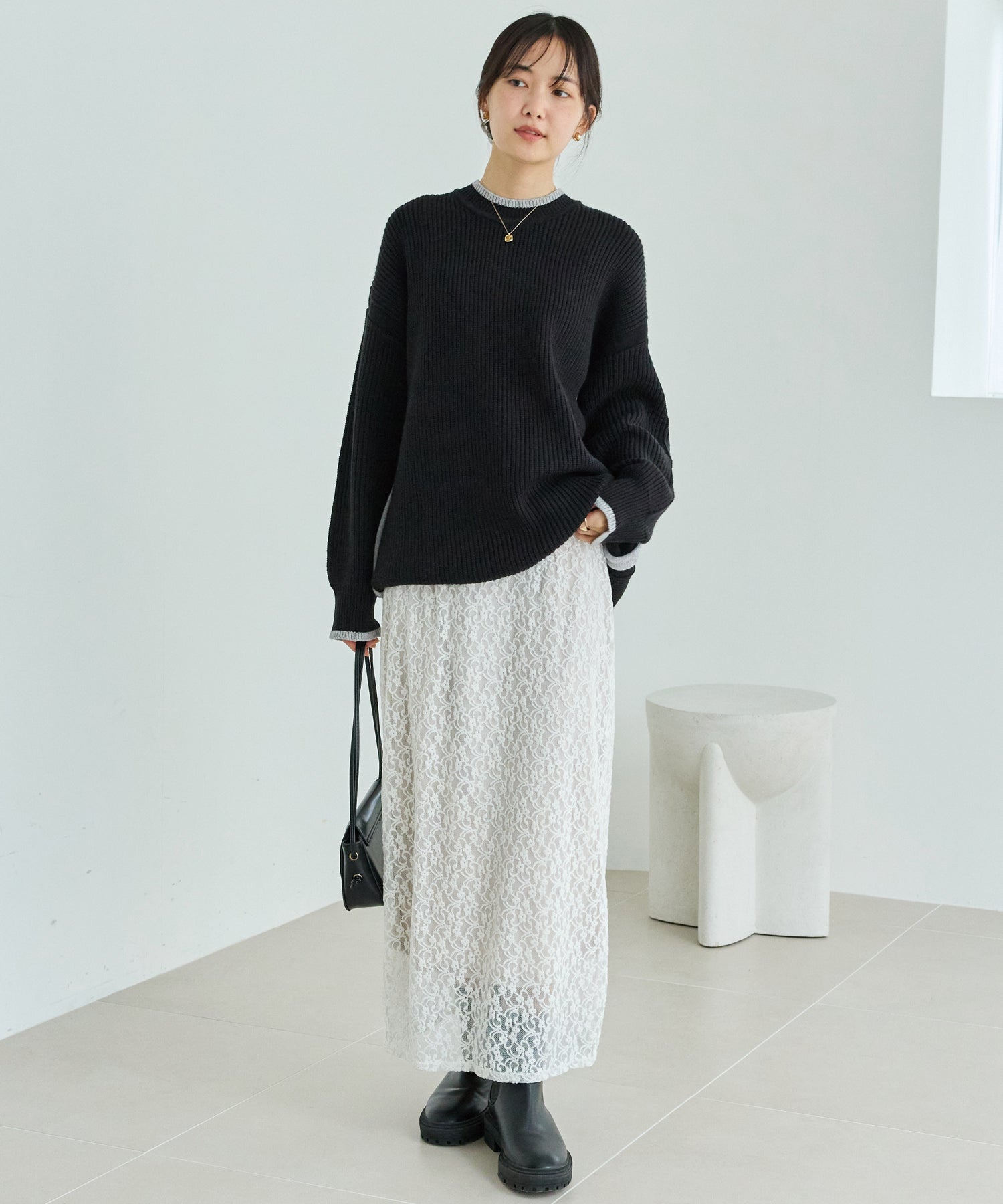 配色ライン畦編みニットプルオーバー