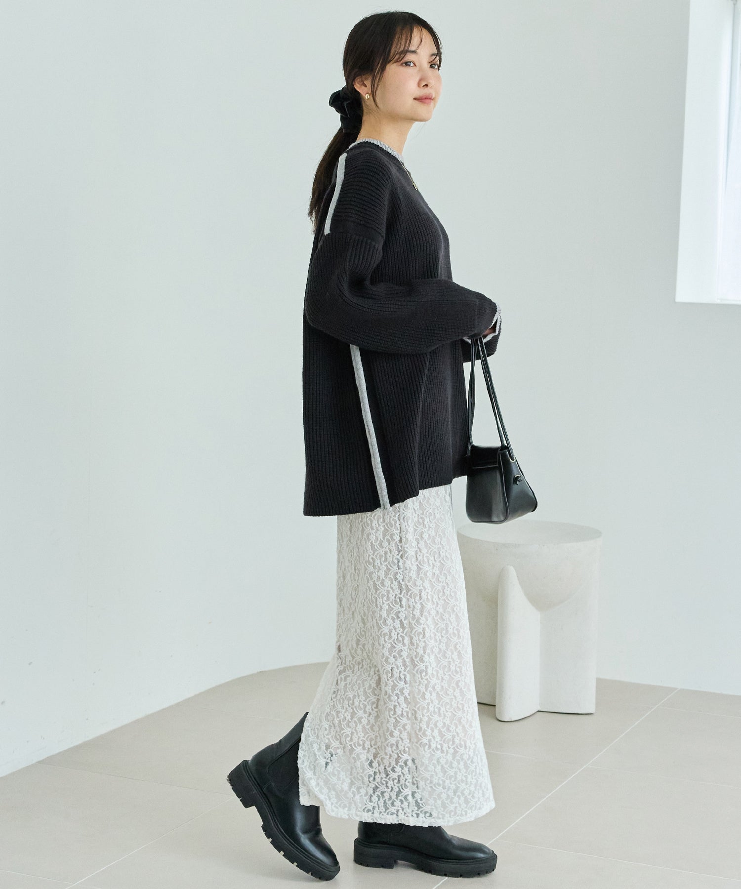 配色ライン畦編みニットプルオーバー