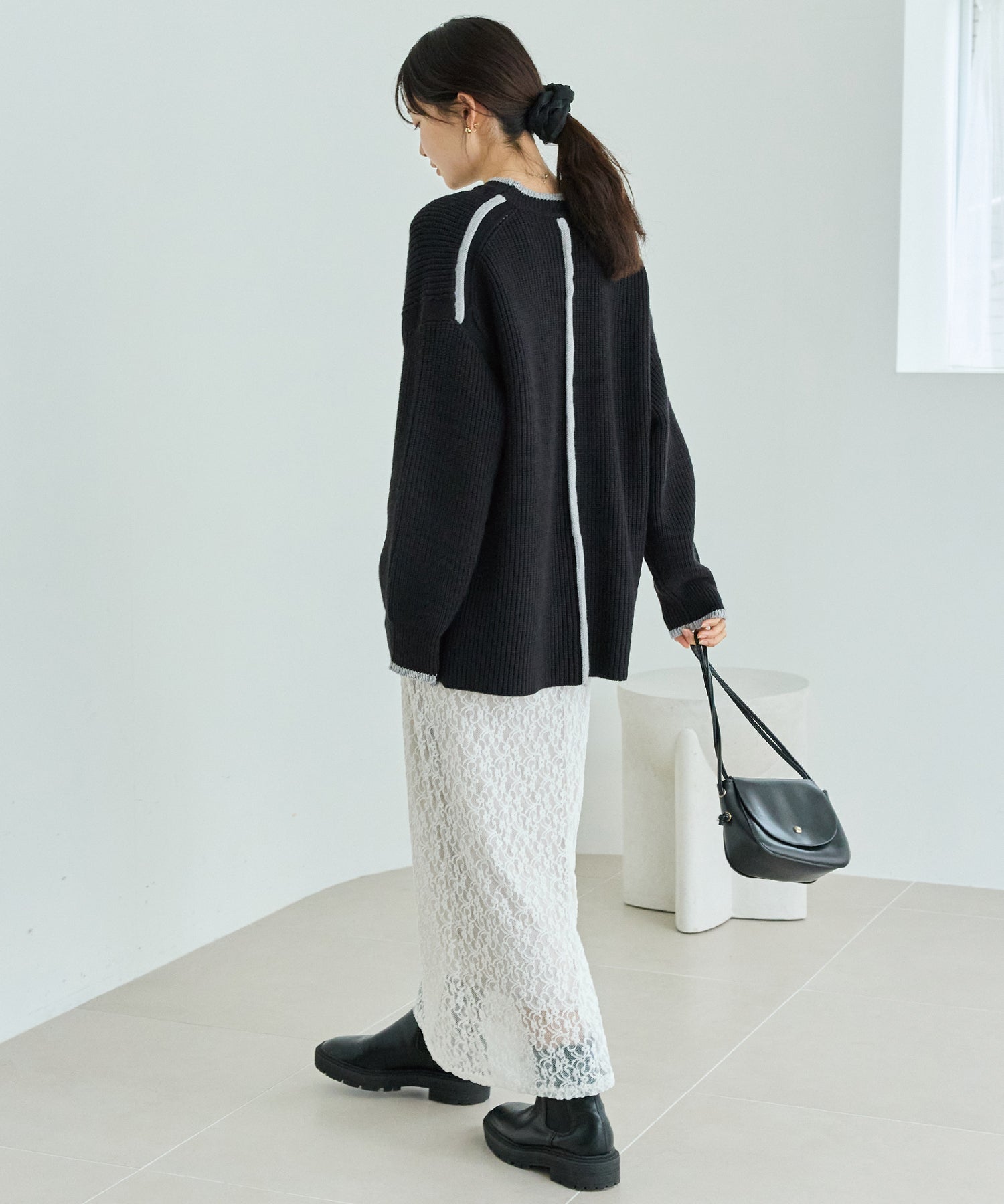 配色ライン畦編みニットプルオーバー