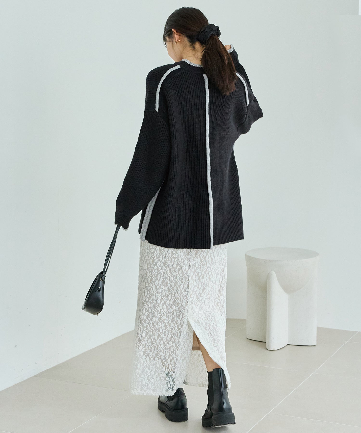 配色ライン畦編みニットプルオーバー