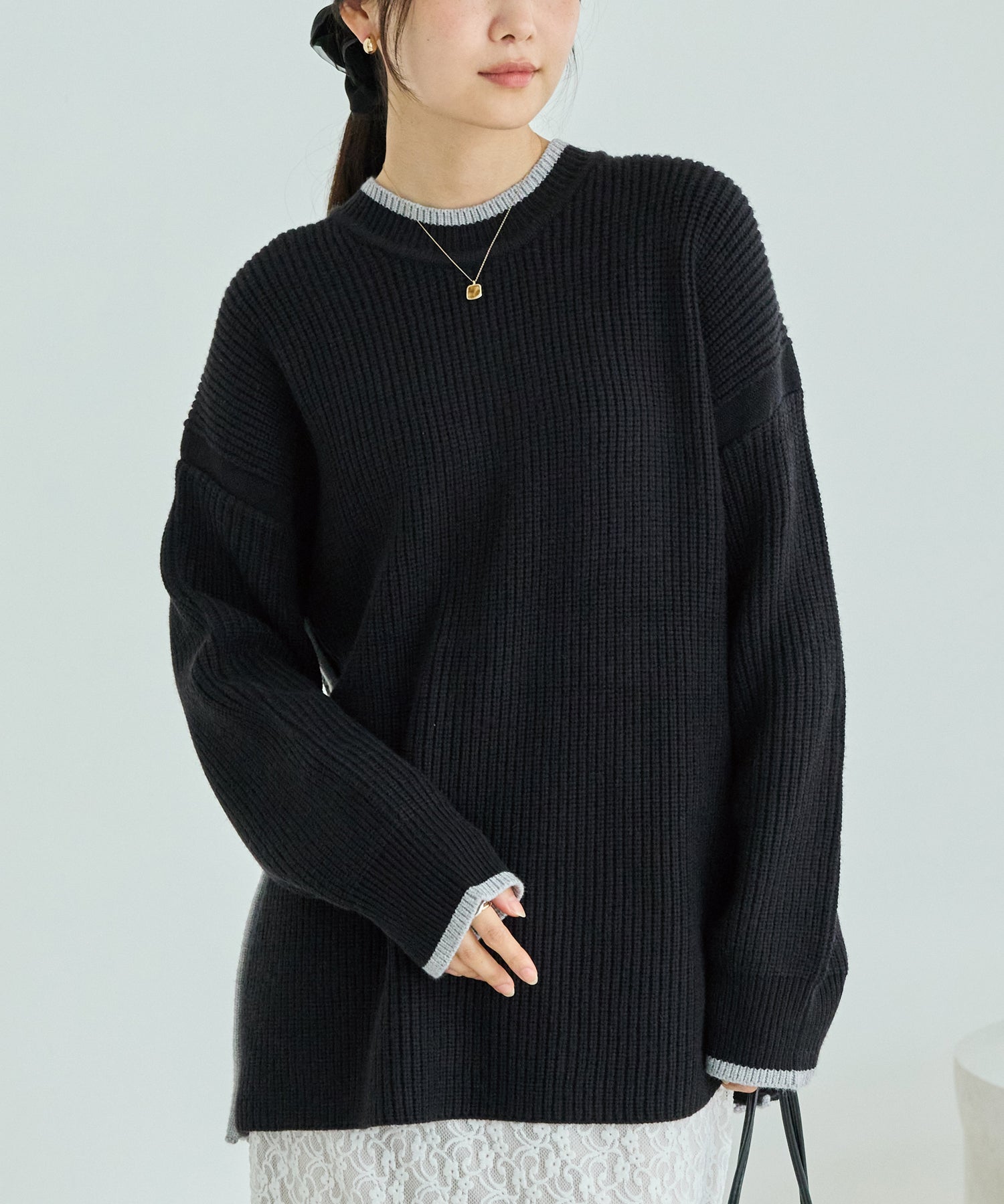 配色ライン畦編みニットプルオーバー