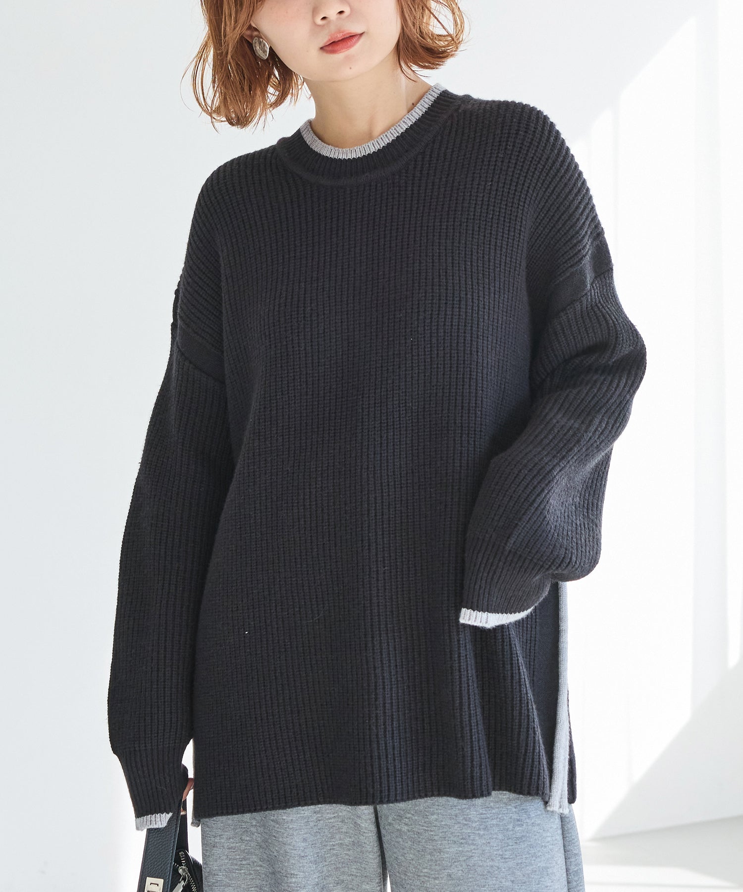 【洗える】配色ライン畦編みニットプルオーバー