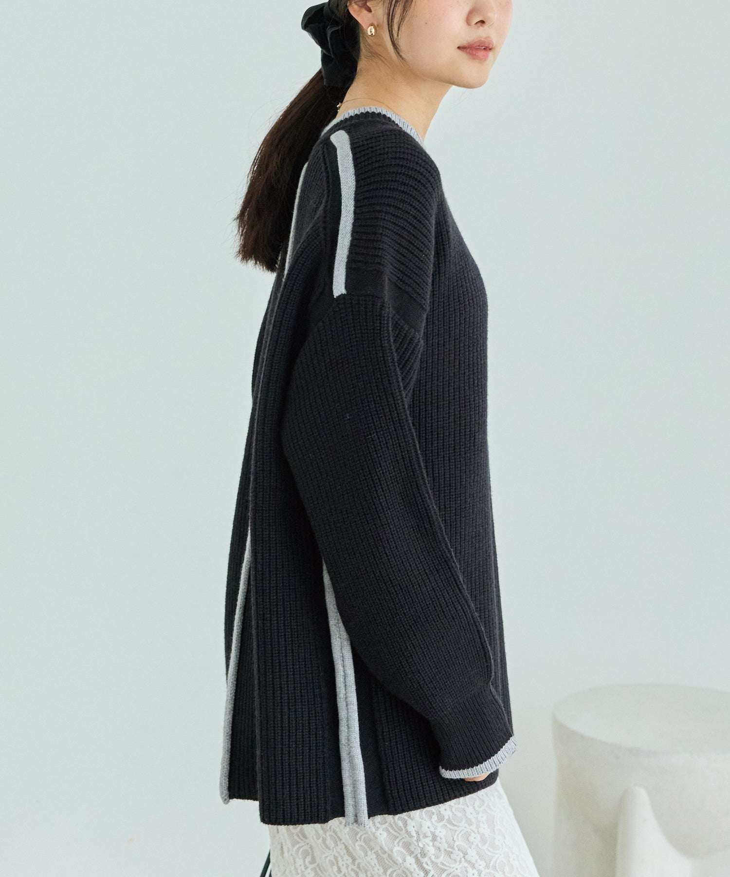 配色ライン畦編みニットプルオーバー