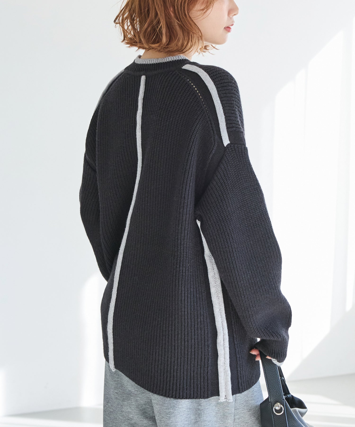 【洗える】配色ライン畦編みニットプルオーバー