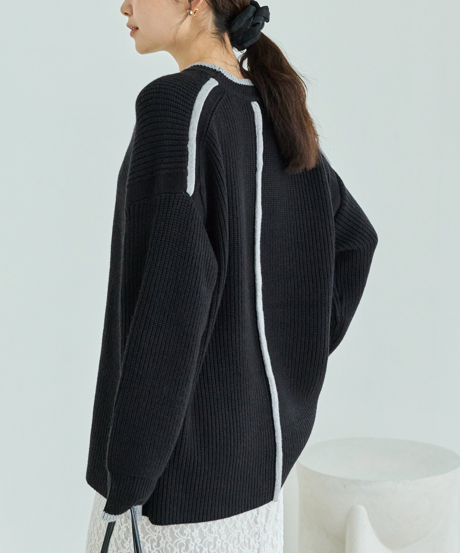 配色ライン畦編みニットプルオーバー