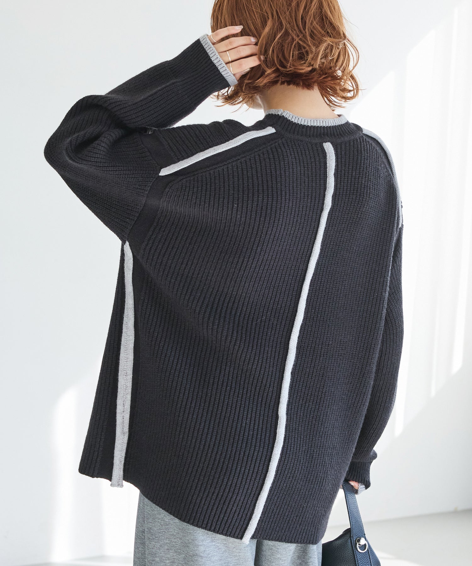 【洗える】配色ライン畦編みニットプルオーバー