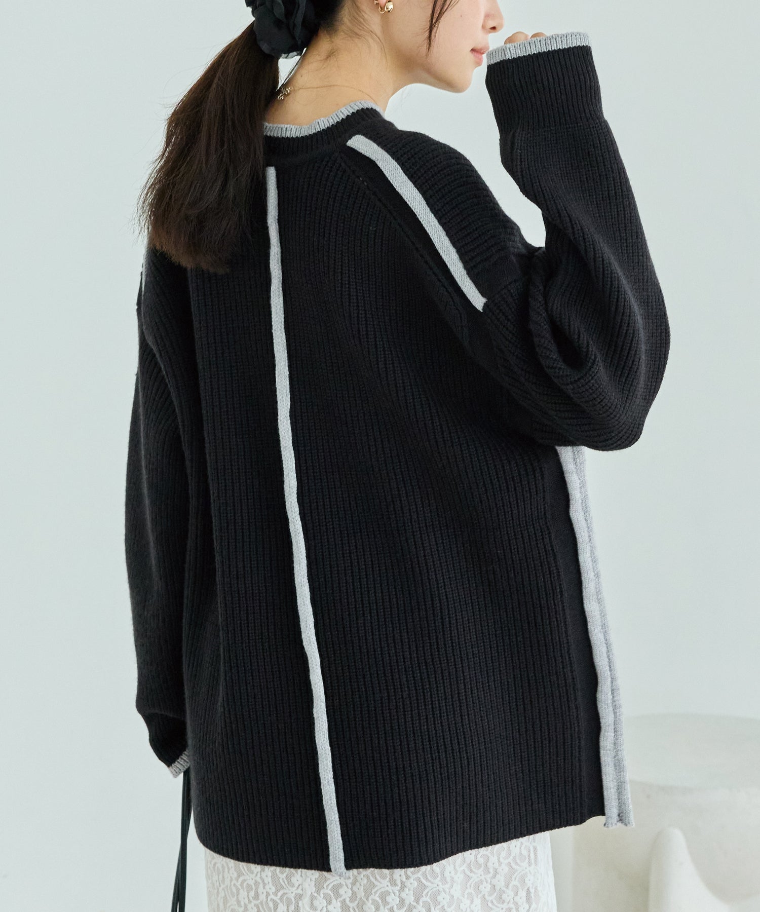 配色ライン畦編みニットプルオーバー