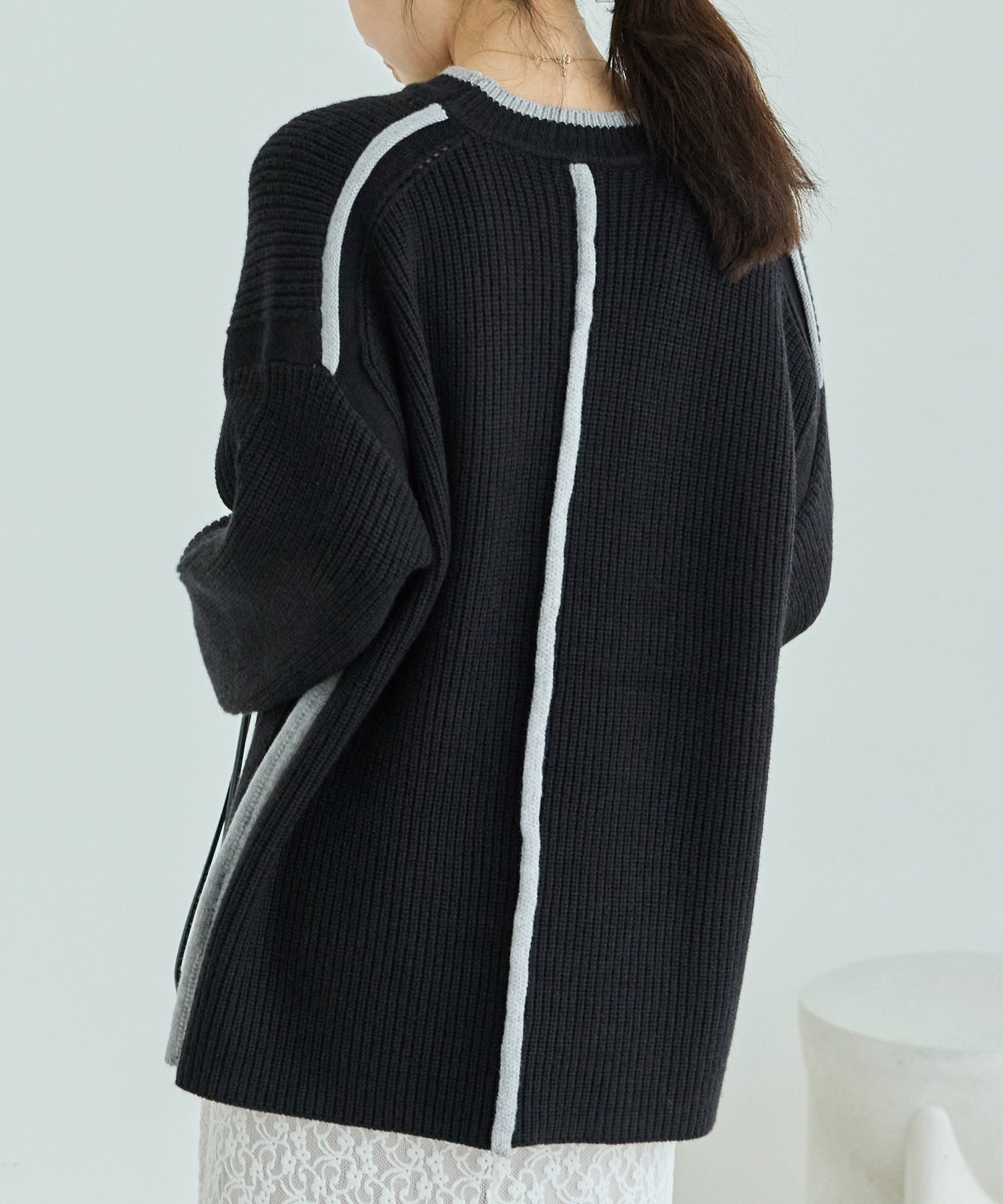 配色ライン畦編みニットプルオーバー