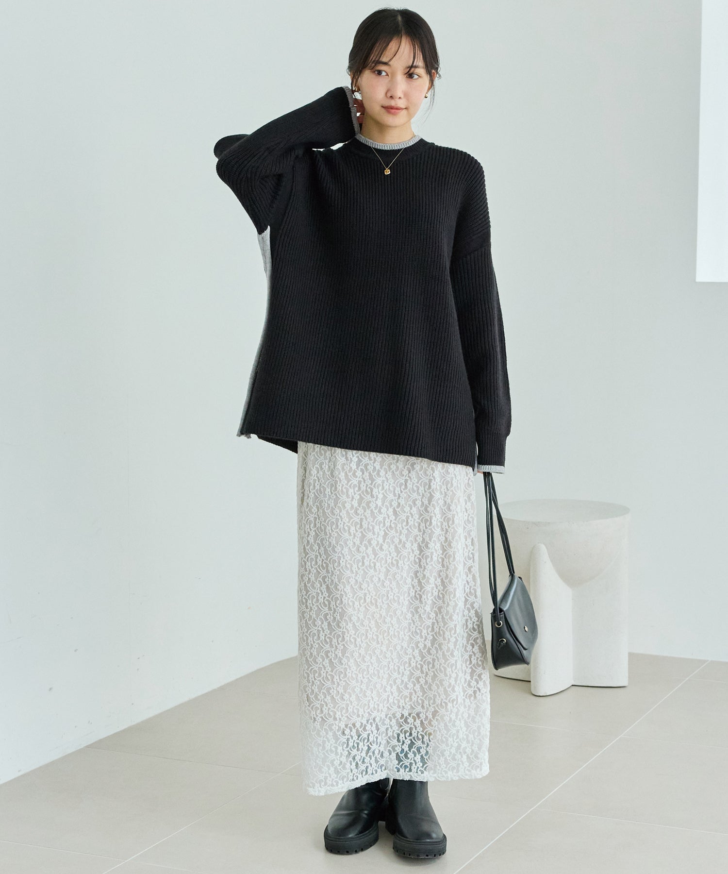 配色ライン畦編みニットプルオーバー