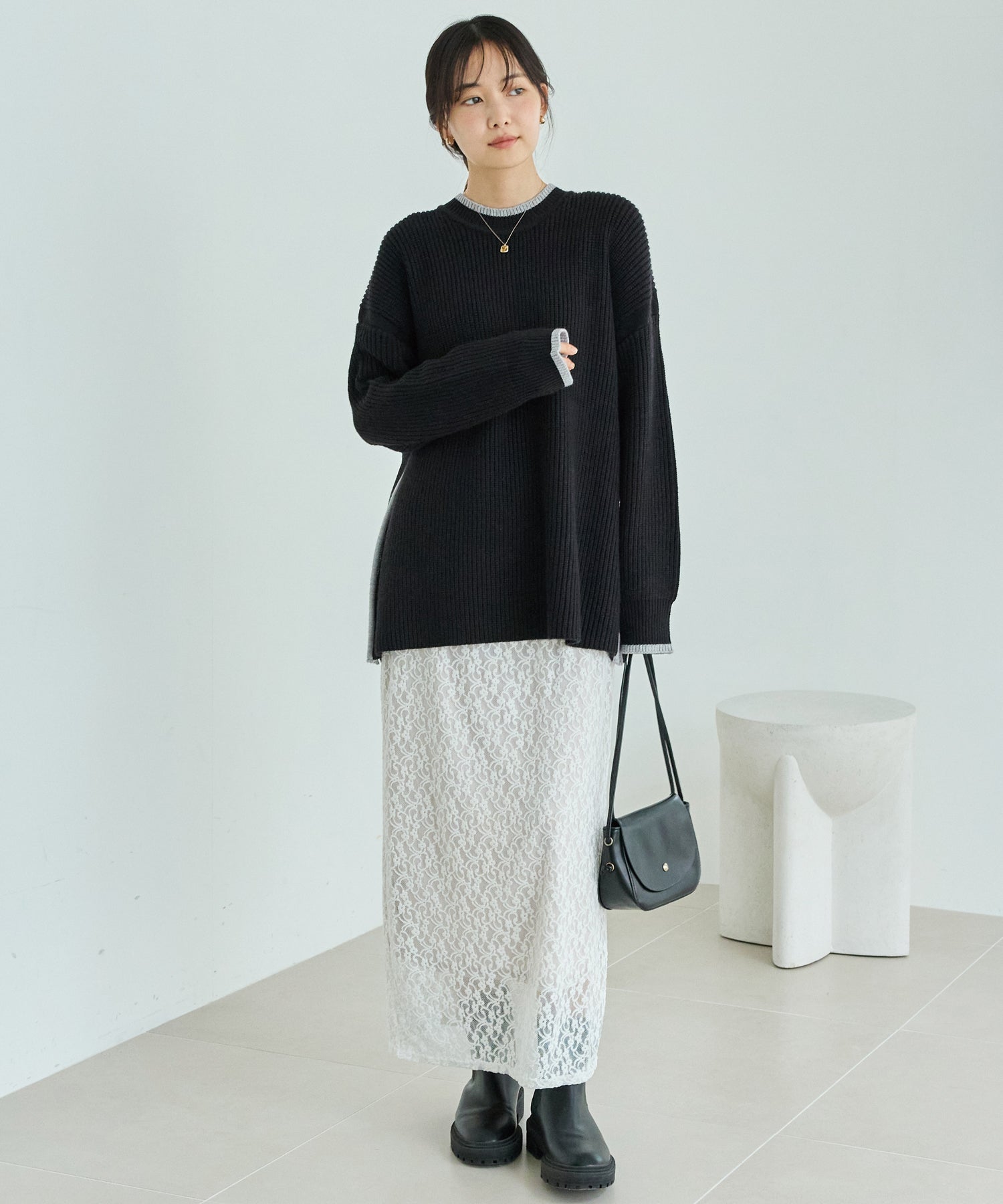 配色ライン畦編みニットプルオーバー