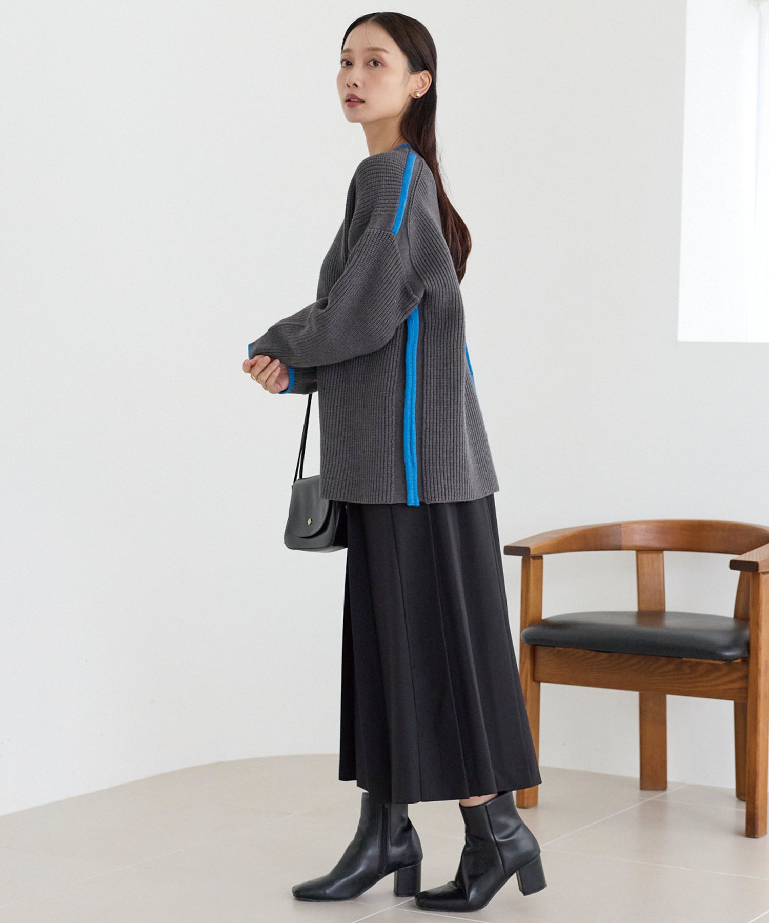 配色ライン畦編みニットプルオーバー