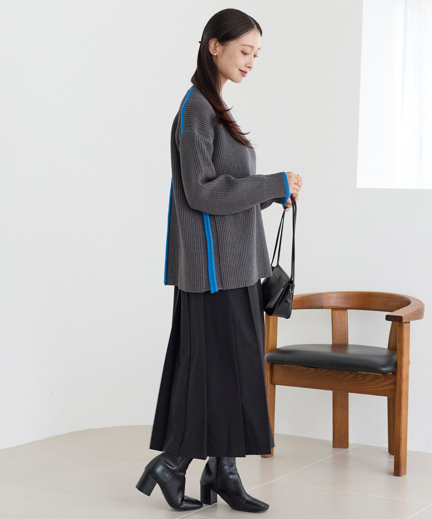 配色ライン畦編みニットプルオーバー