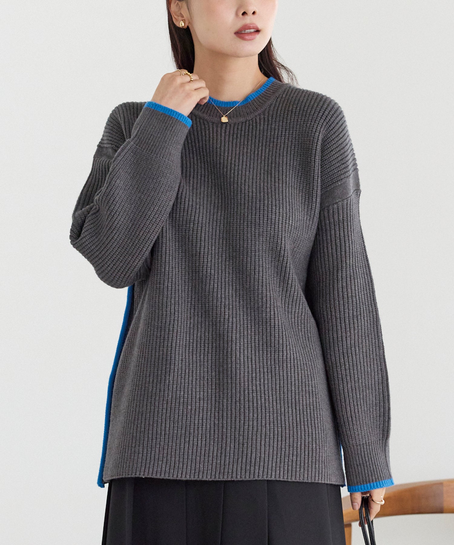 配色ライン畦編みニットプルオーバー