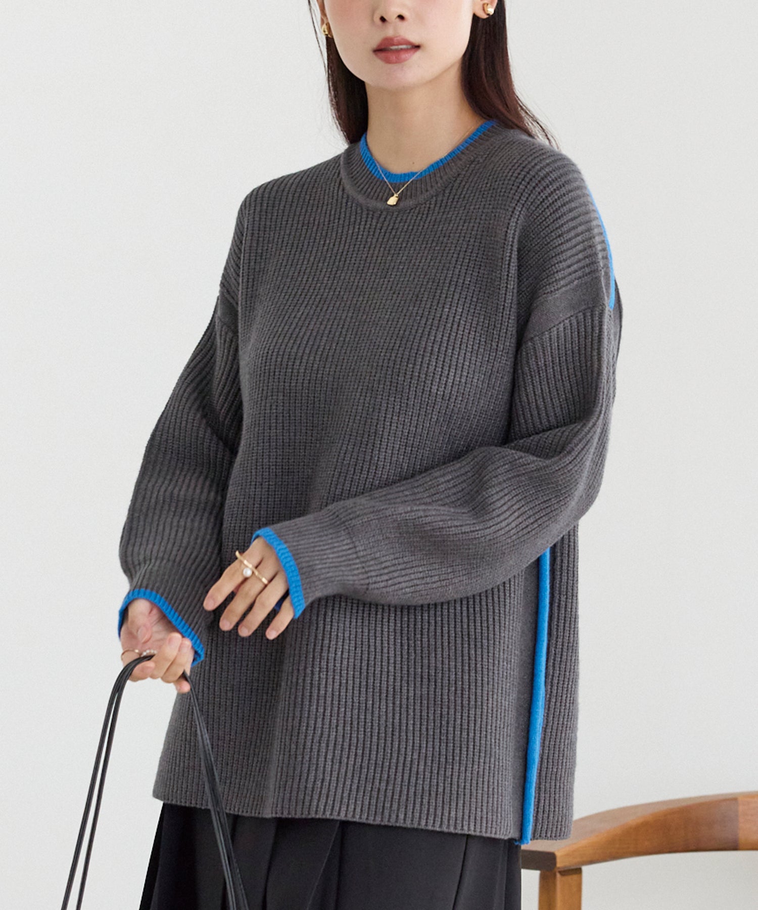 配色ライン畦編みニットプルオーバー