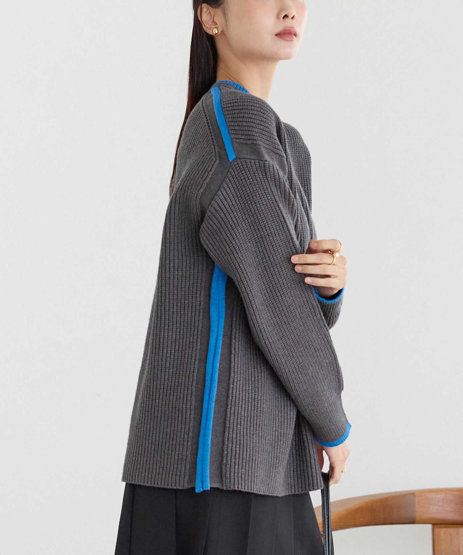 配色ライン畦編みニットプルオーバー