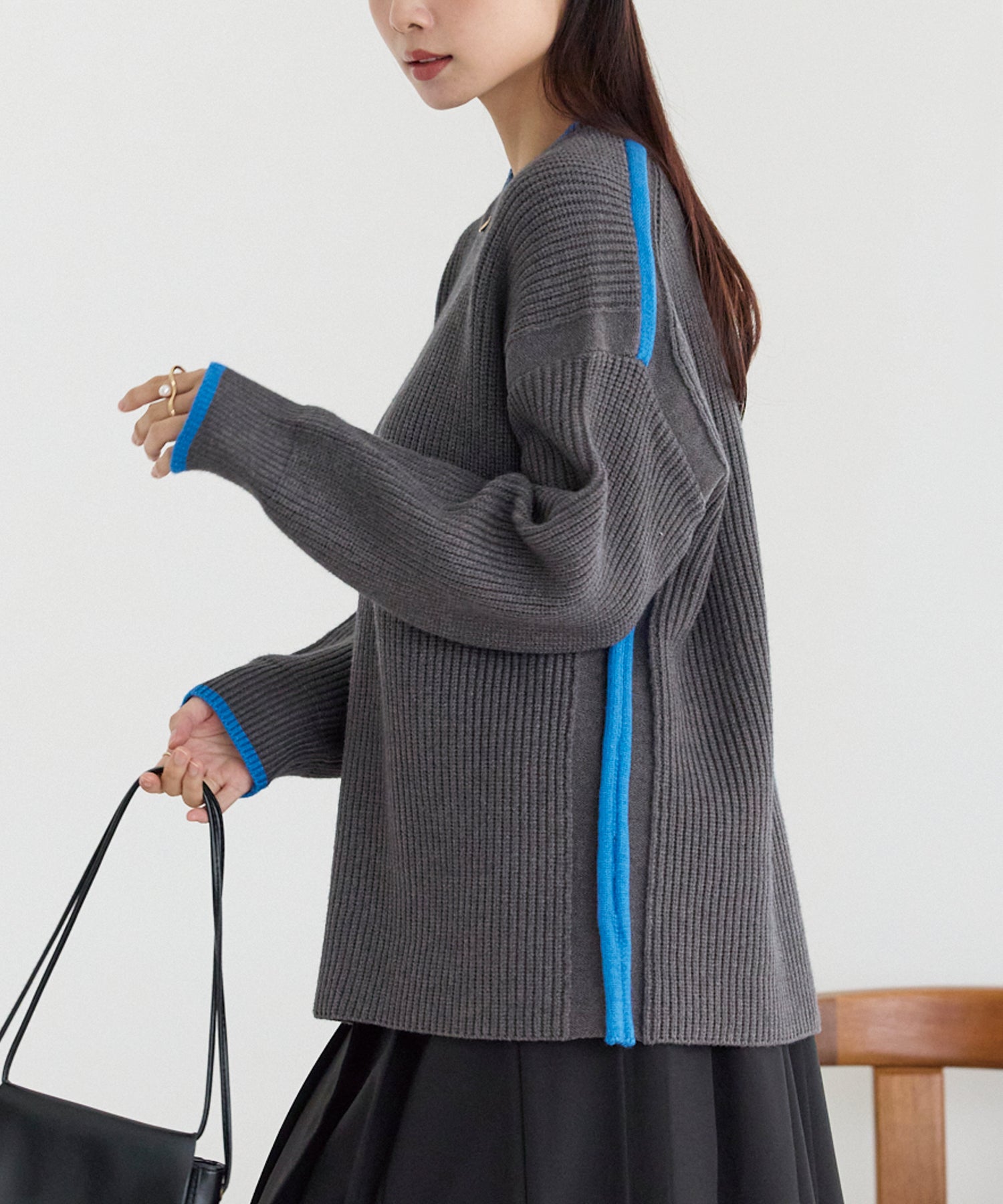 配色ライン畦編みニットプルオーバー