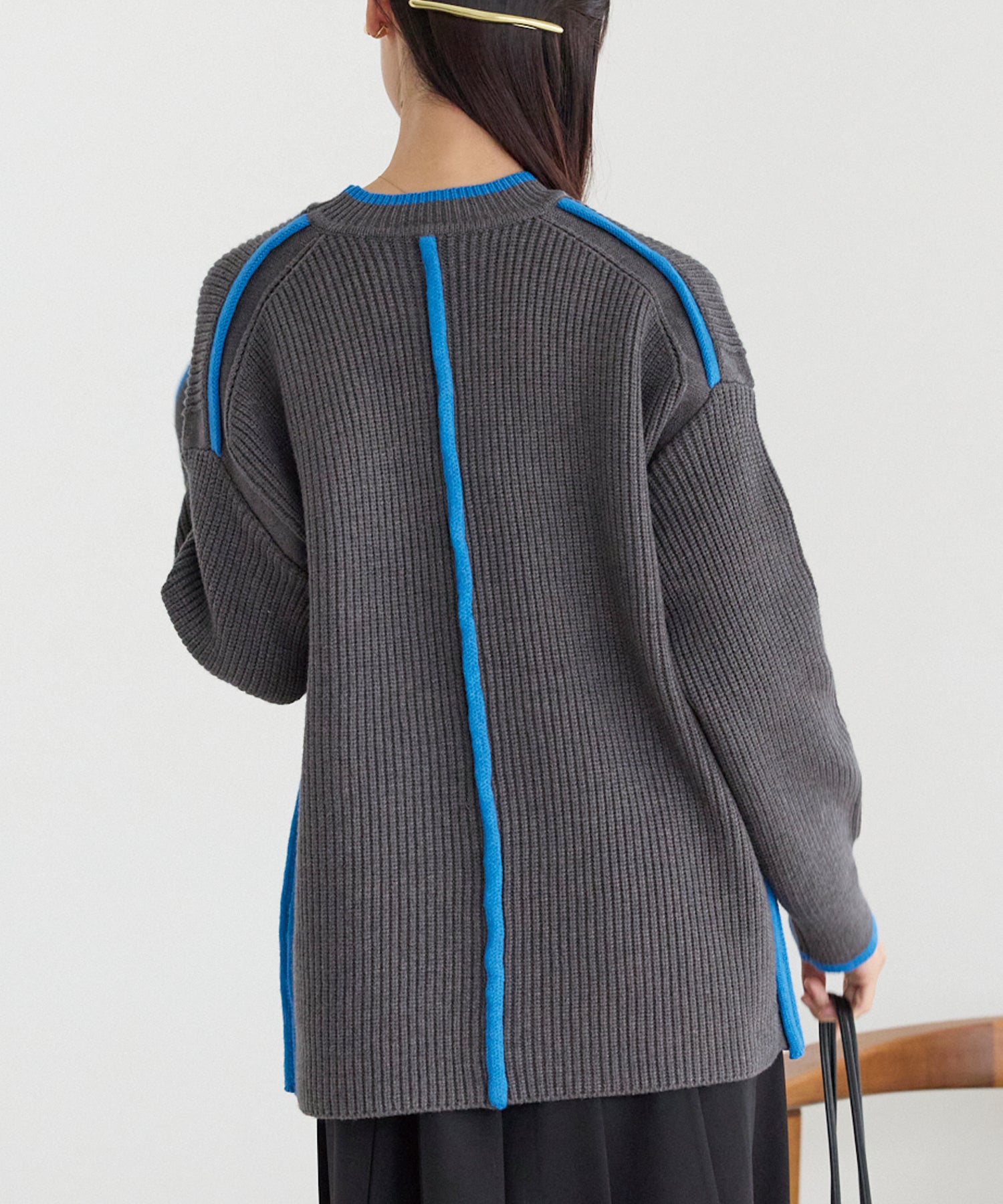 配色ライン畦編みニットプルオーバー