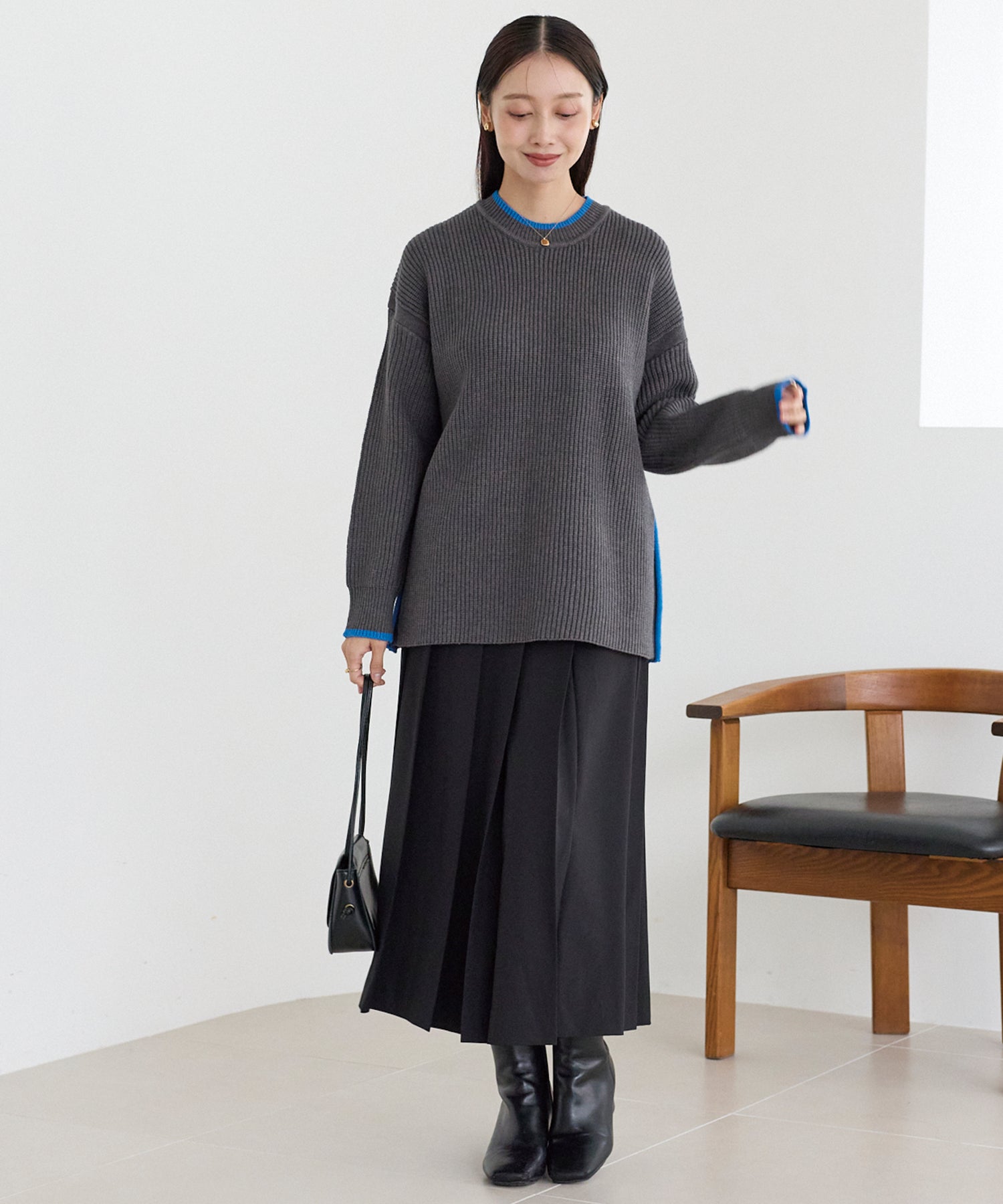 配色ライン畦編みニットプルオーバー