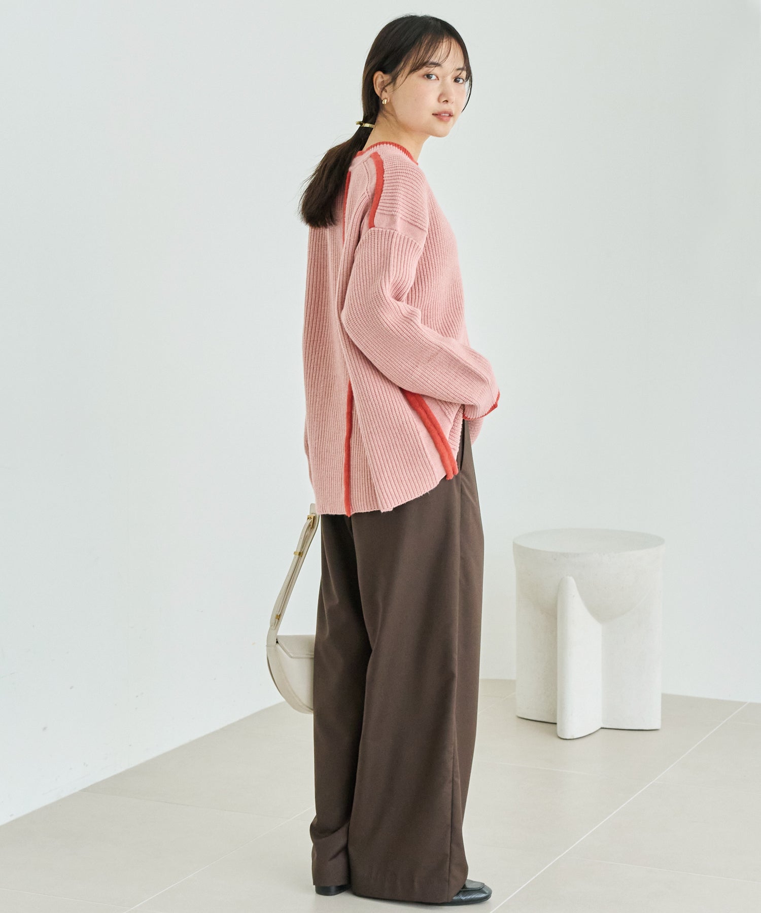 配色ライン畦編みニットプルオーバー