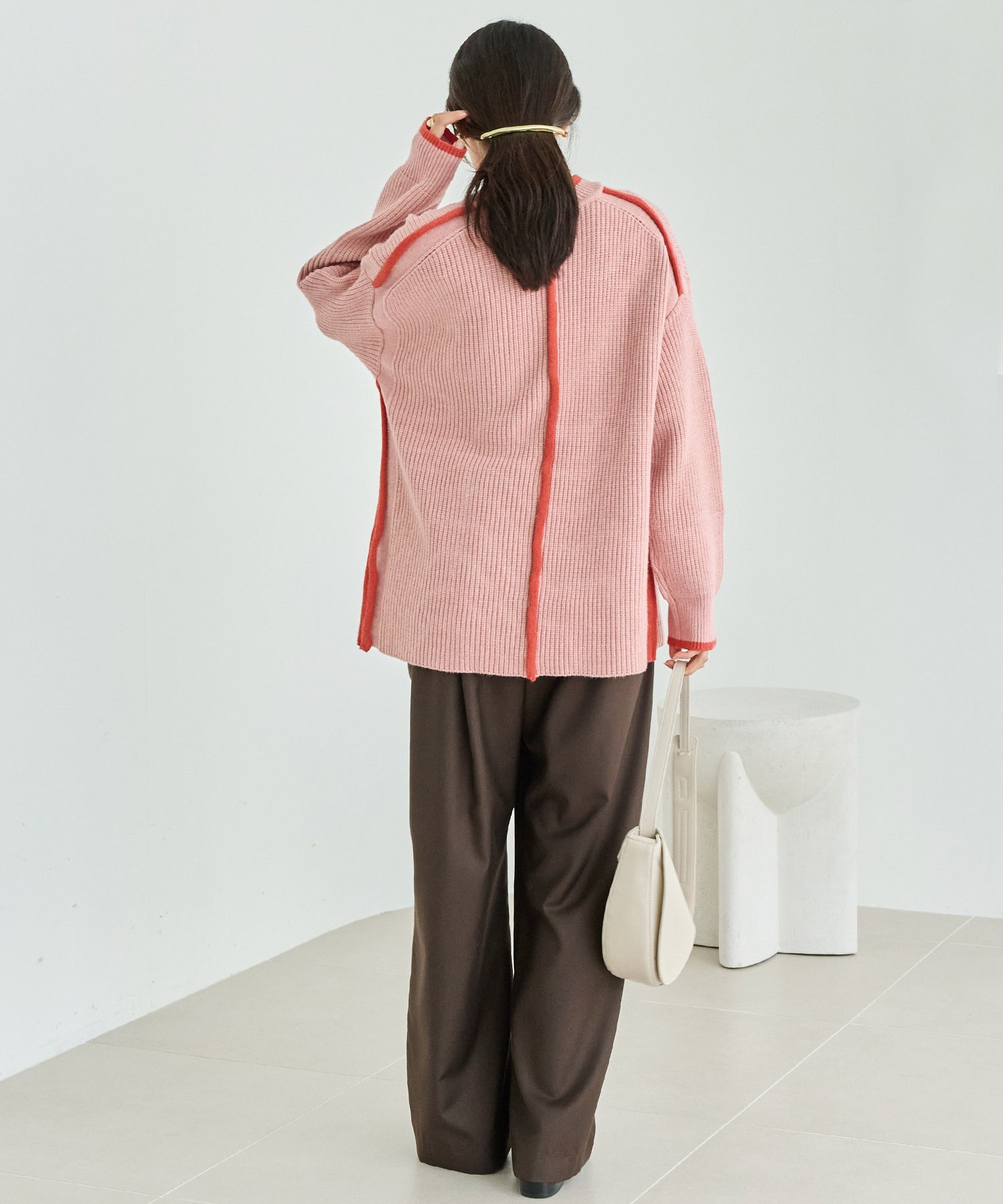 配色ライン畦編みニットプルオーバー