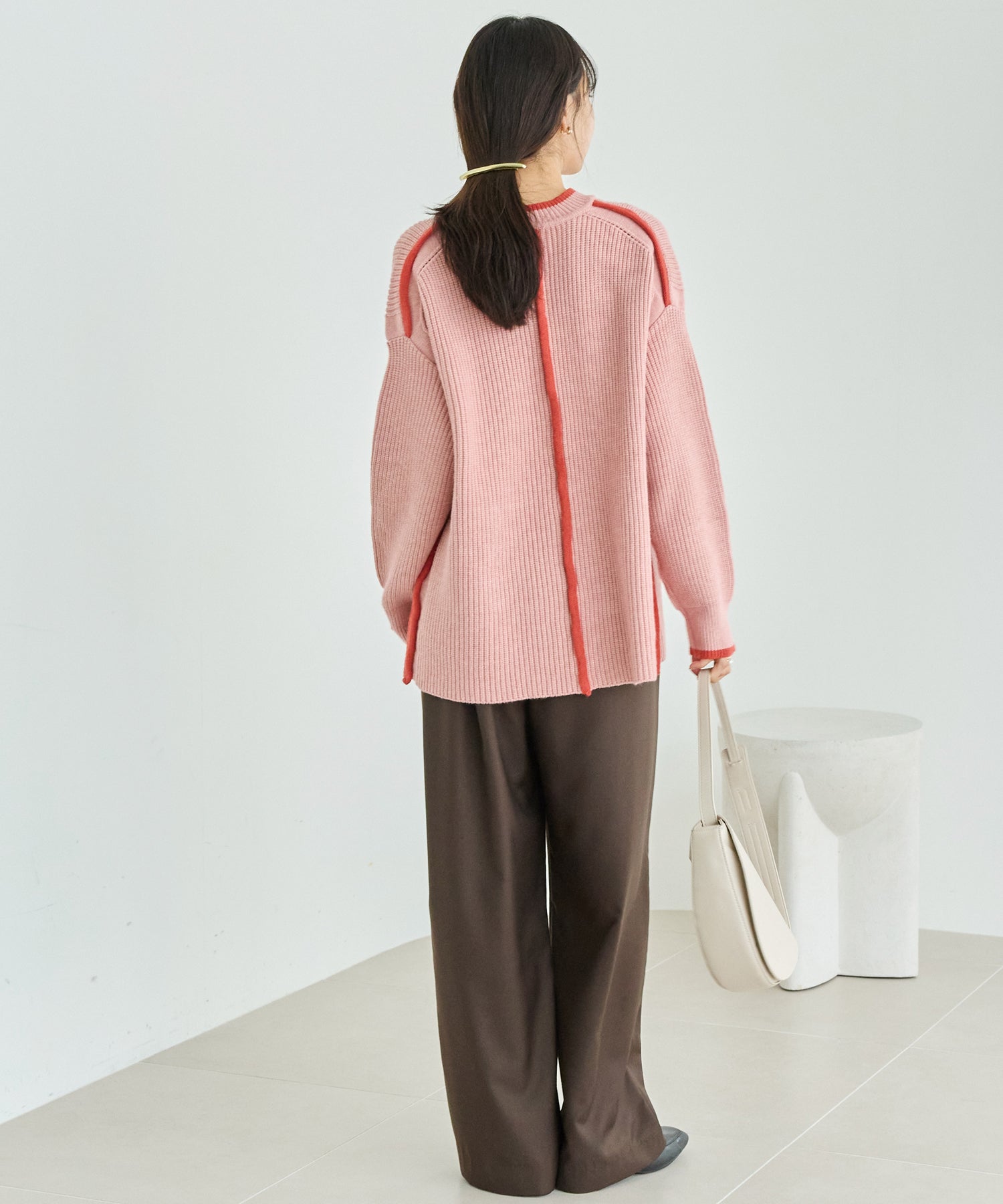 配色ライン畦編みニットプルオーバー