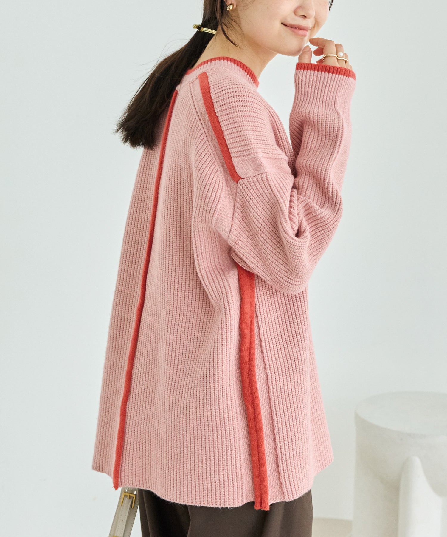 配色ライン畦編みニットプルオーバー