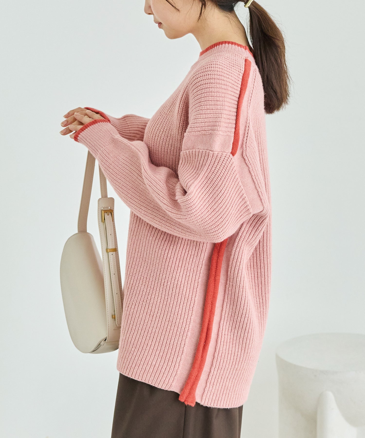 配色ライン畦編みニットプルオーバー