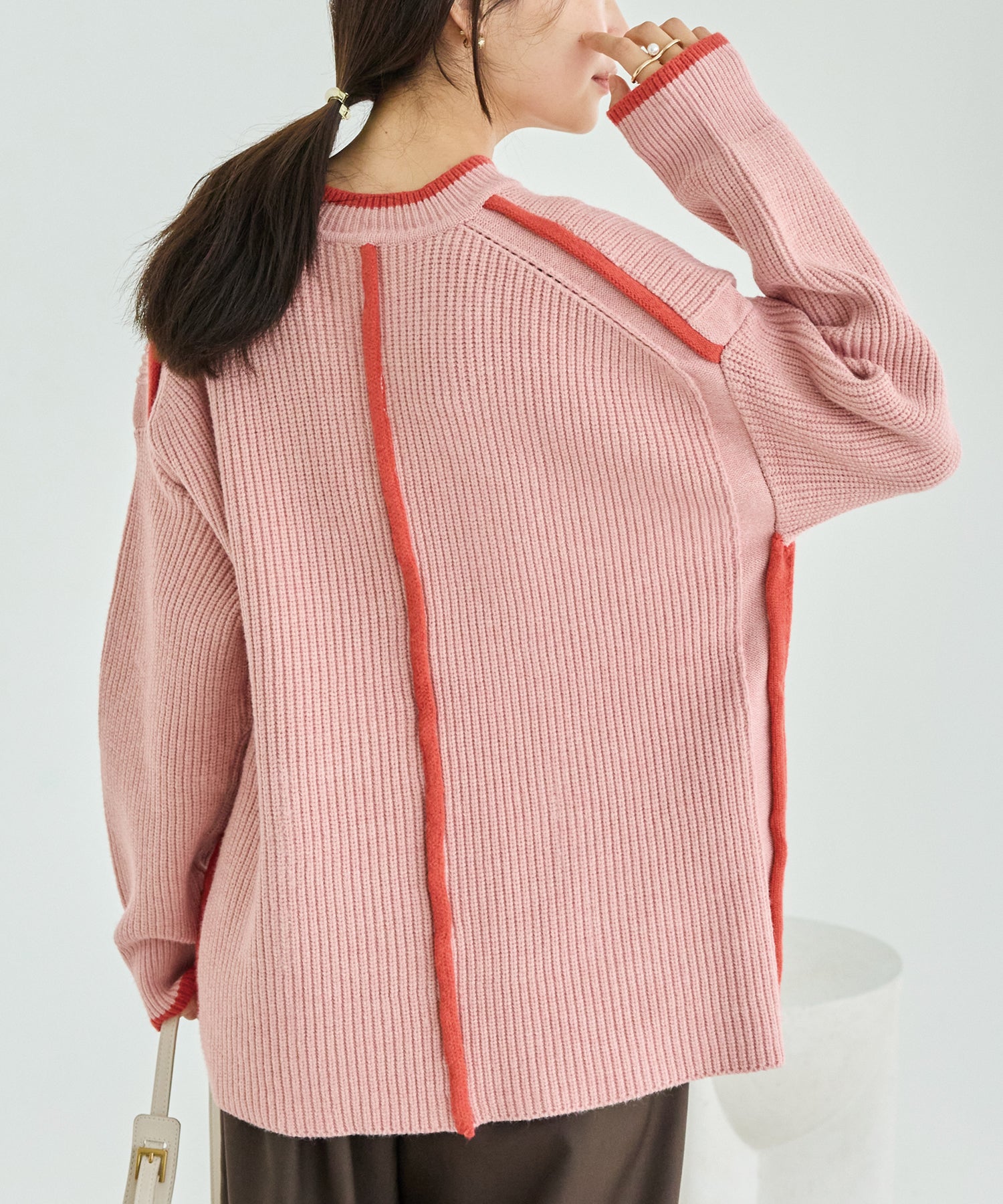 配色ライン畦編みニットプルオーバー