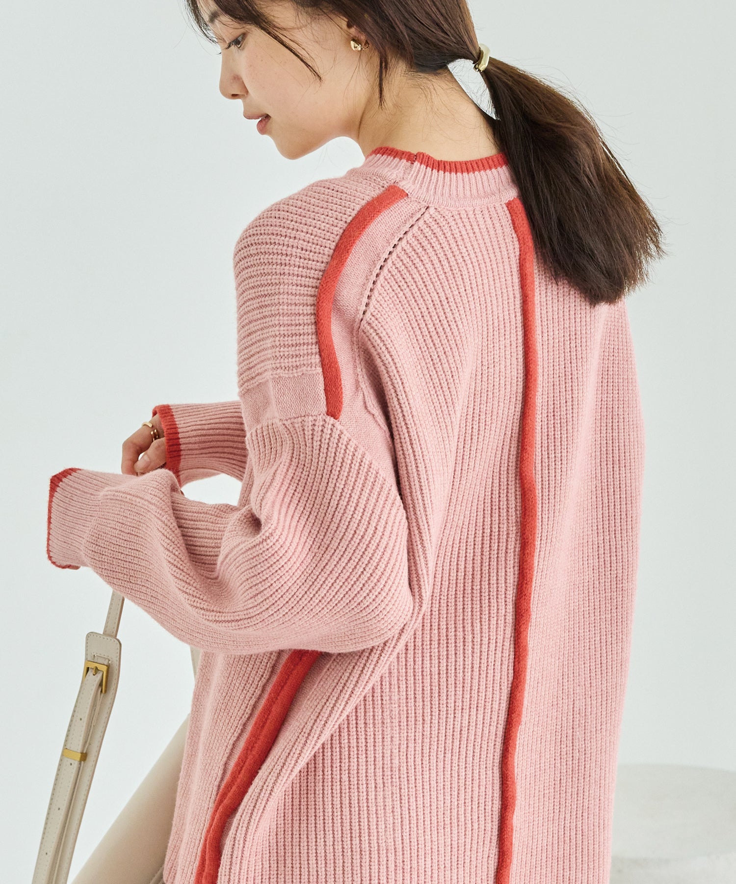 配色ライン畦編みニットプルオーバー