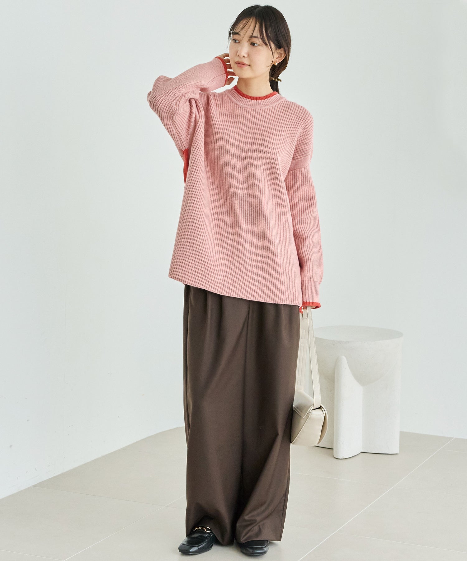 配色ライン畦編みニットプルオーバー