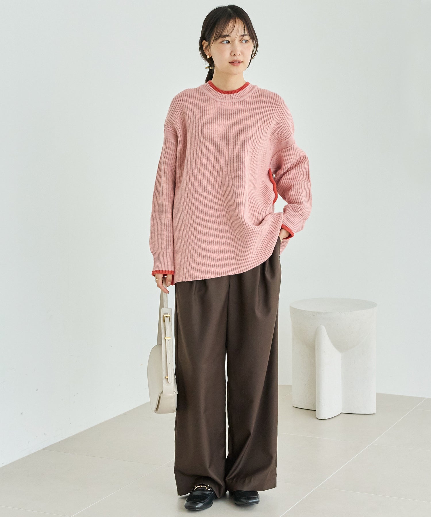 配色ライン畦編みニットプルオーバー