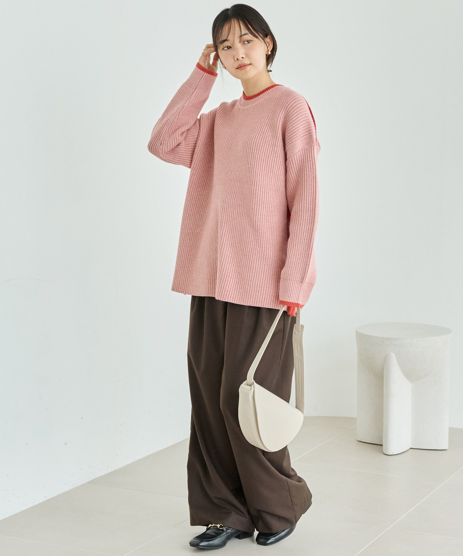 配色ライン畦編みニットプルオーバー