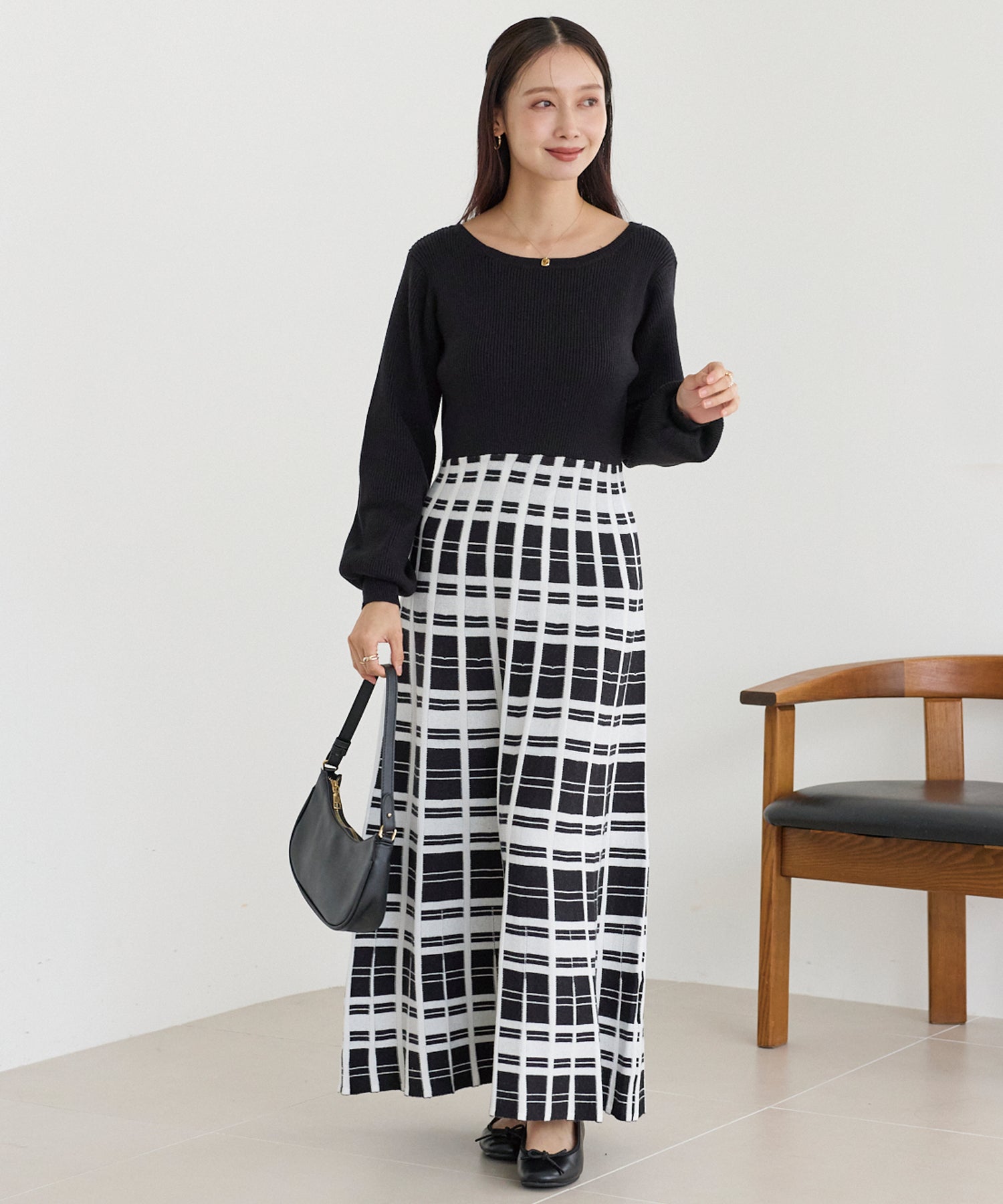 チェックジャガードニットワンピース
