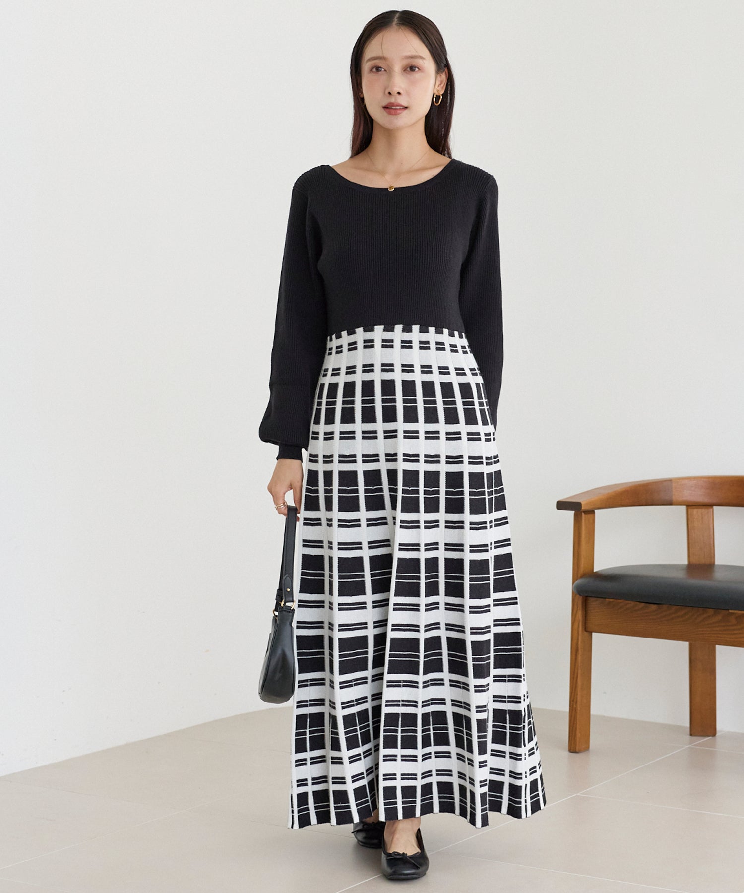 チェックジャガードニットワンピース