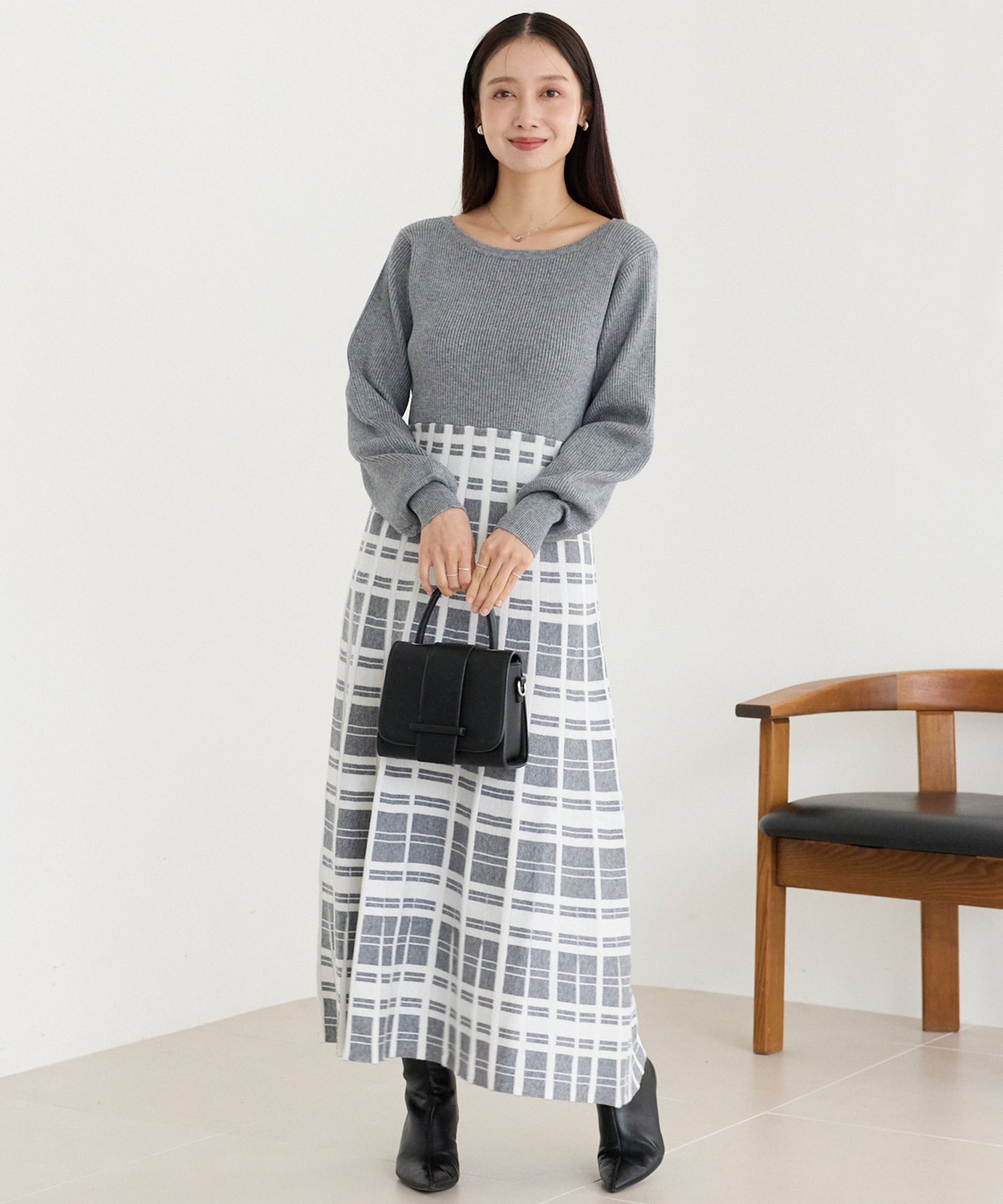 チェックジャガードニットワンピース