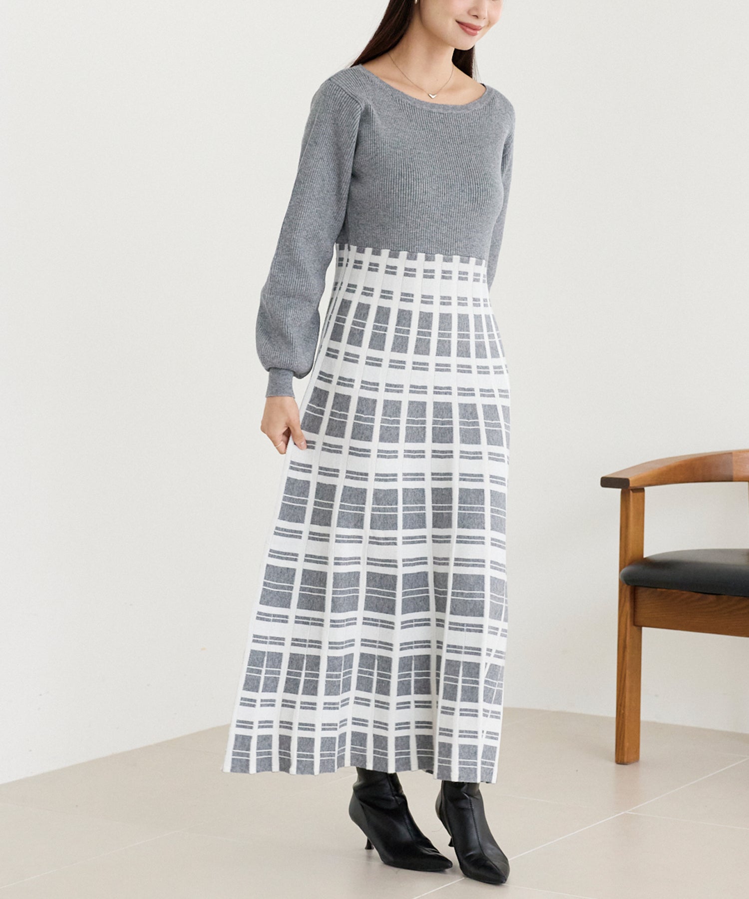 チェックジャガードニットワンピース