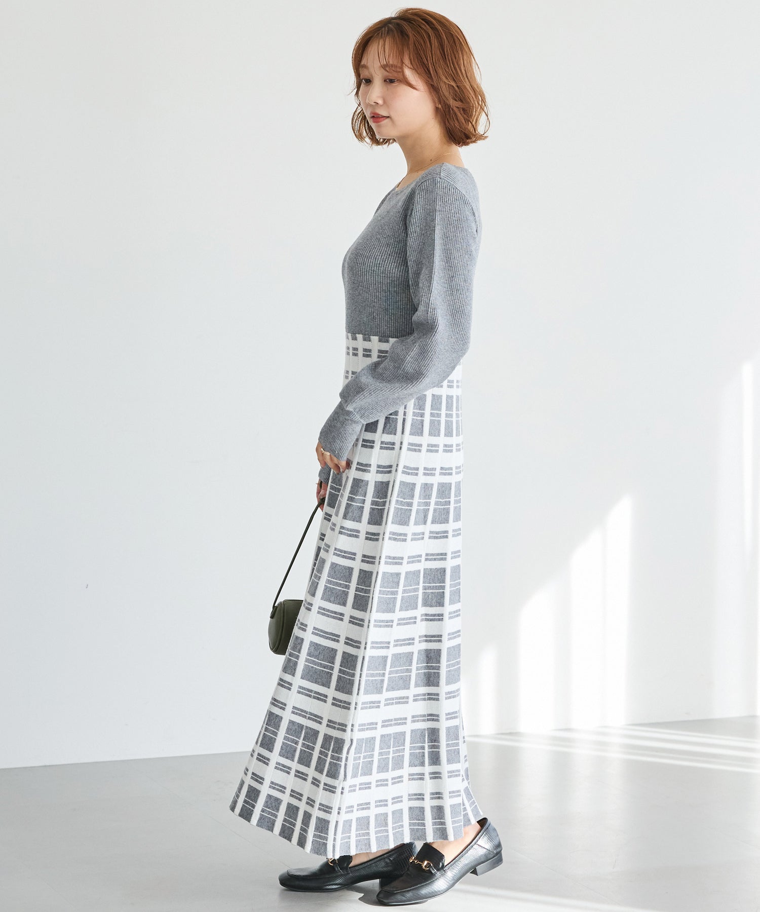 【洗える】チェックジャガードニットワンピース