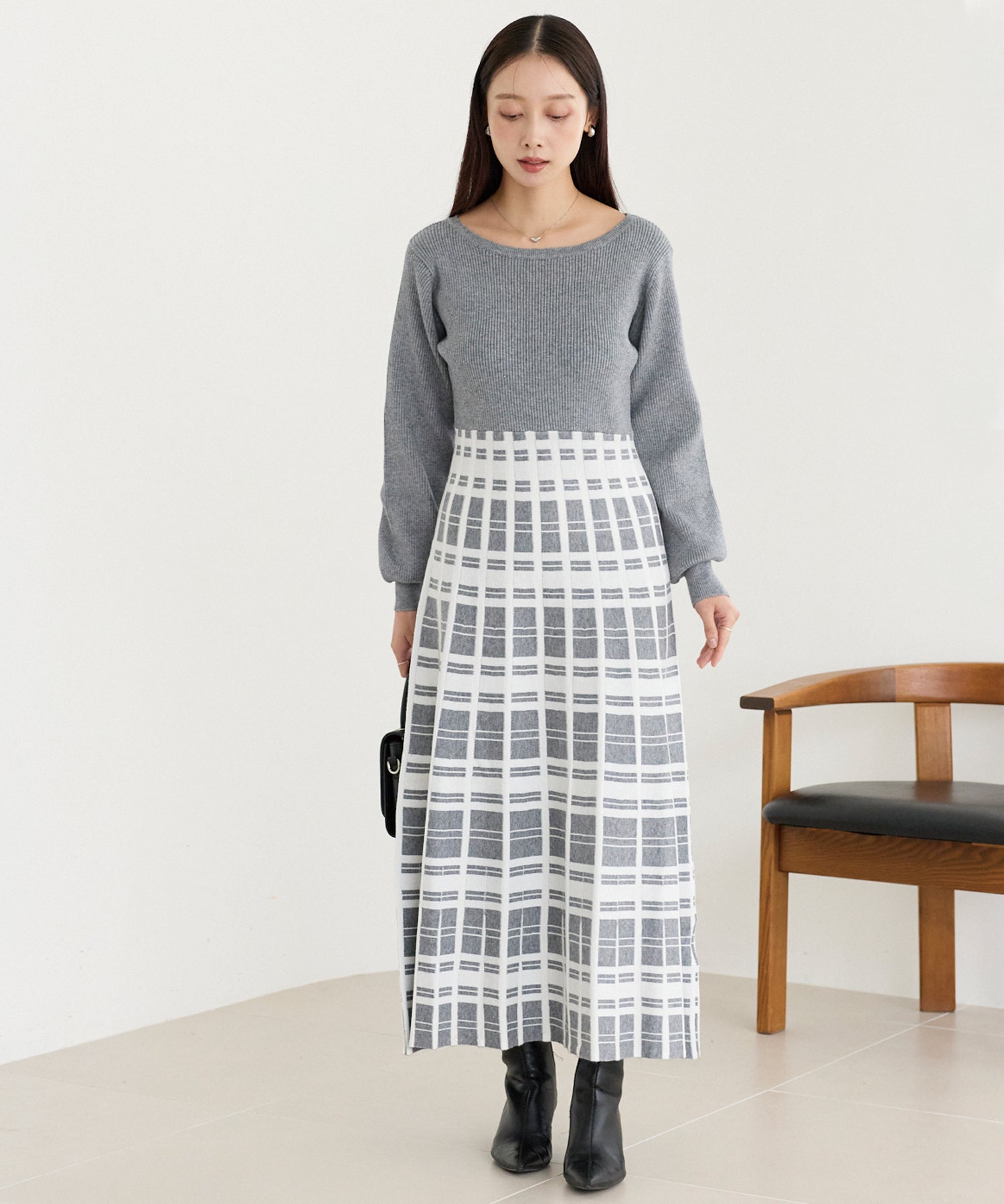 チェックジャガードニットワンピース
