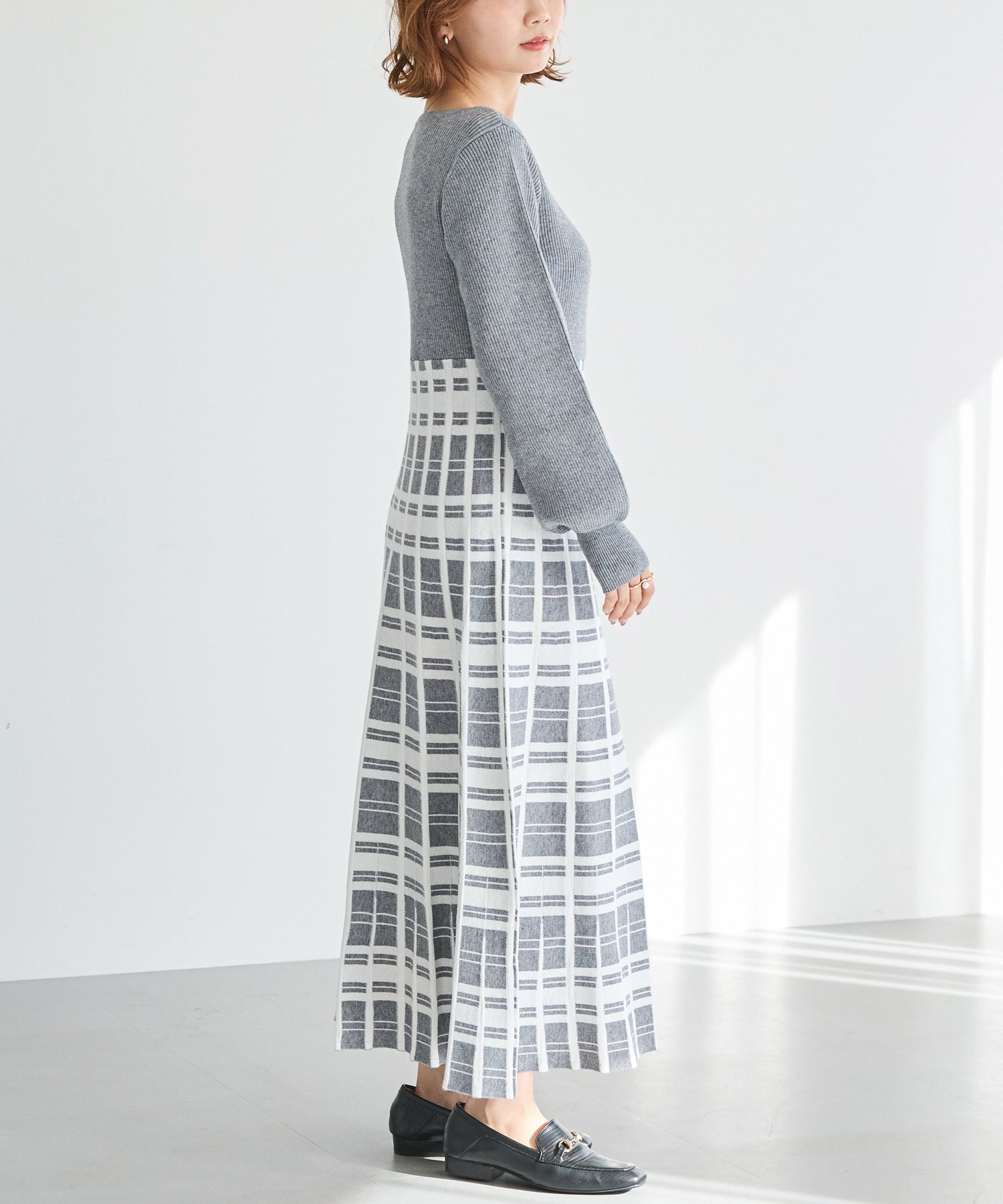 【洗える】チェックジャガードニットワンピース