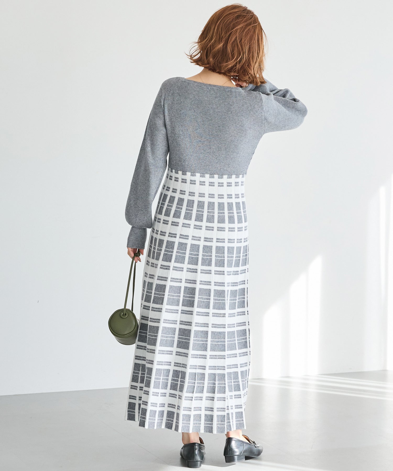 【洗える】チェックジャガードニットワンピース