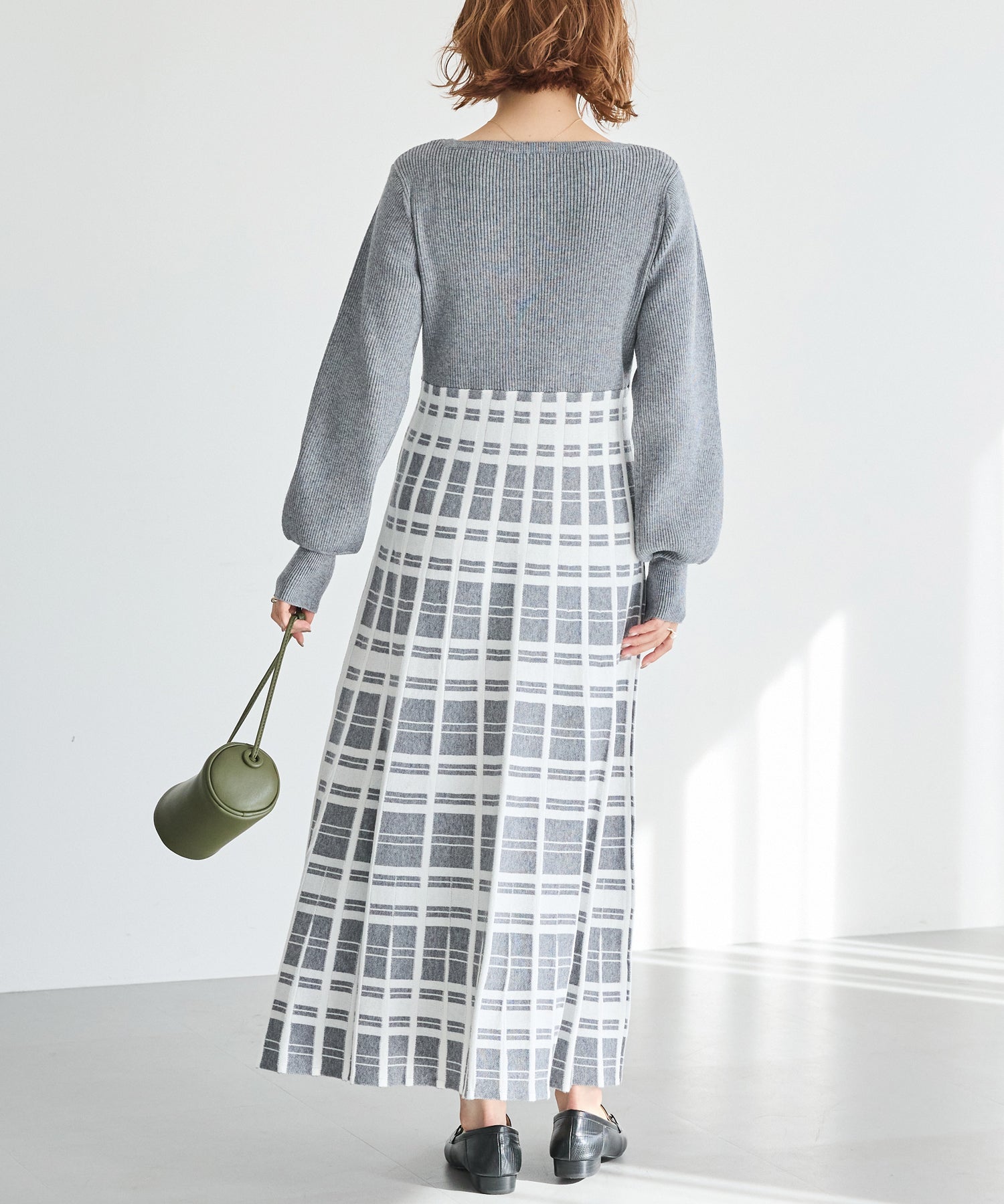 【洗える】チェックジャガードニットワンピース