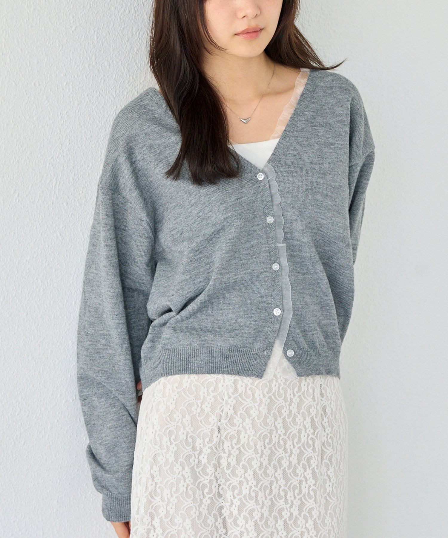 【洗える】オーガンジー配色ニットカーデ