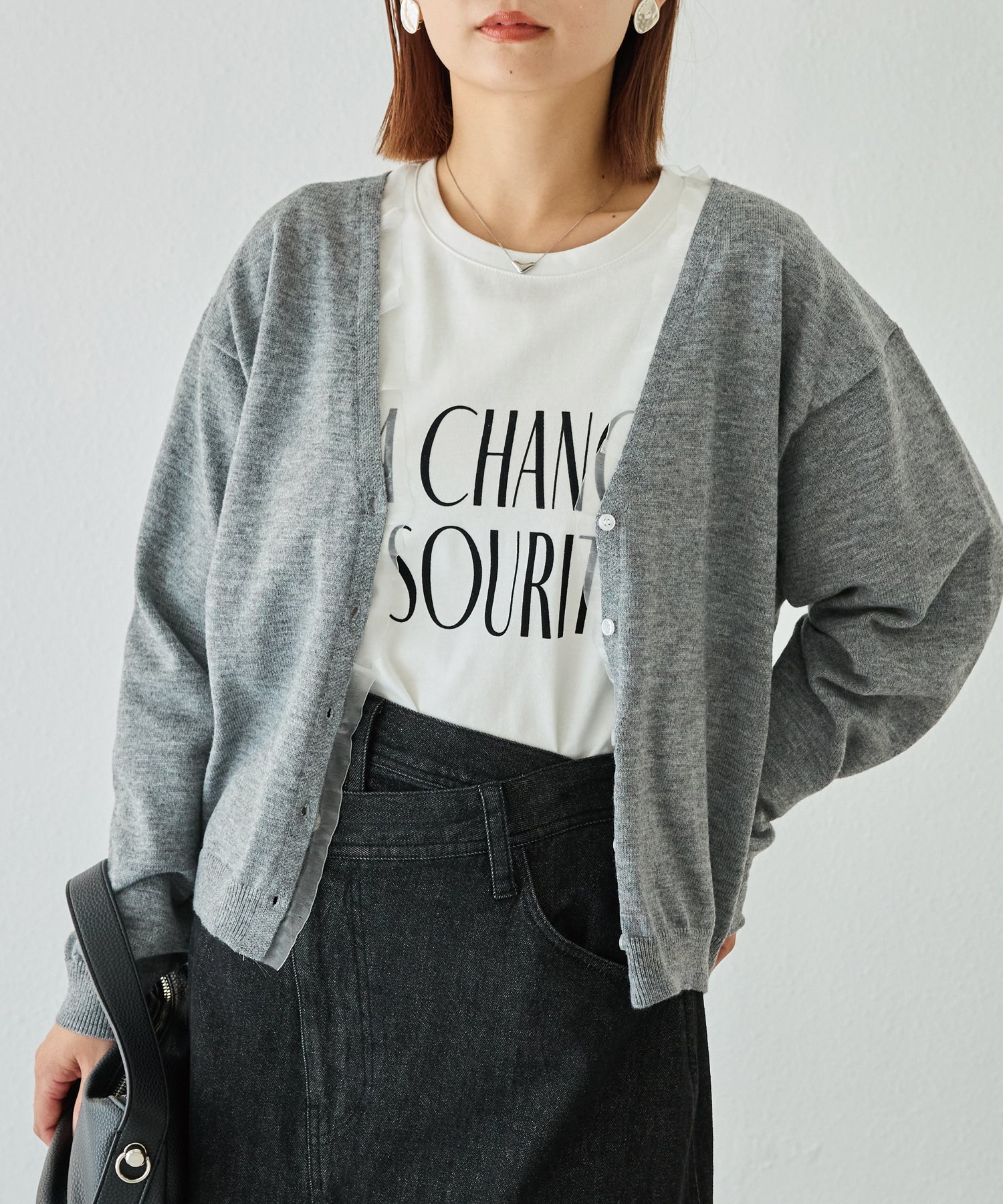 オーガンジー配色ニットカーデ