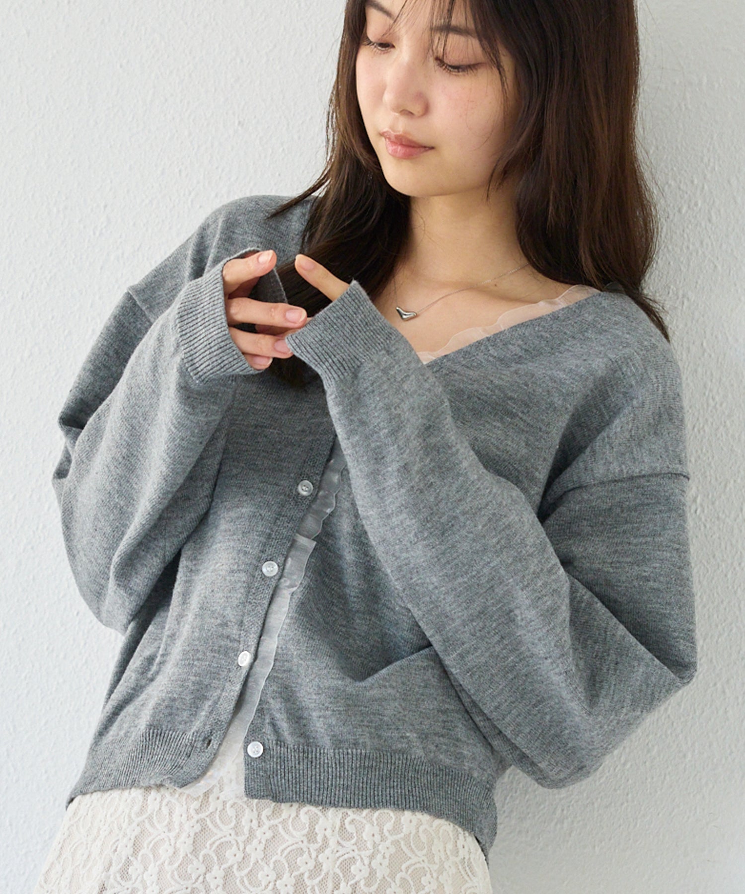 【洗える】オーガンジー配色ニットカーデ