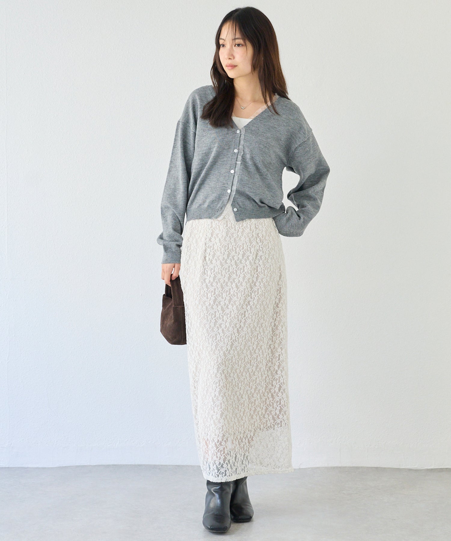 【洗える】オーガンジー配色ニットカーデ