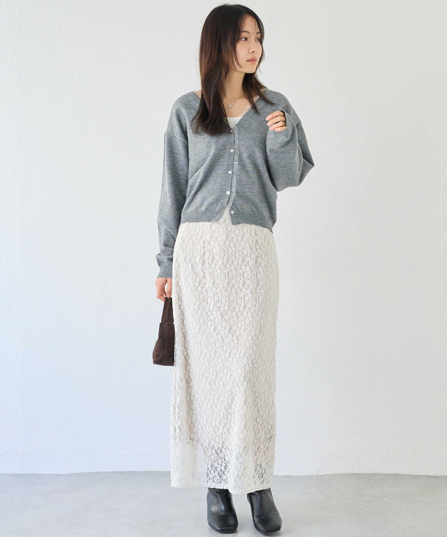 【洗える】オーガンジー配色ニットカーデ